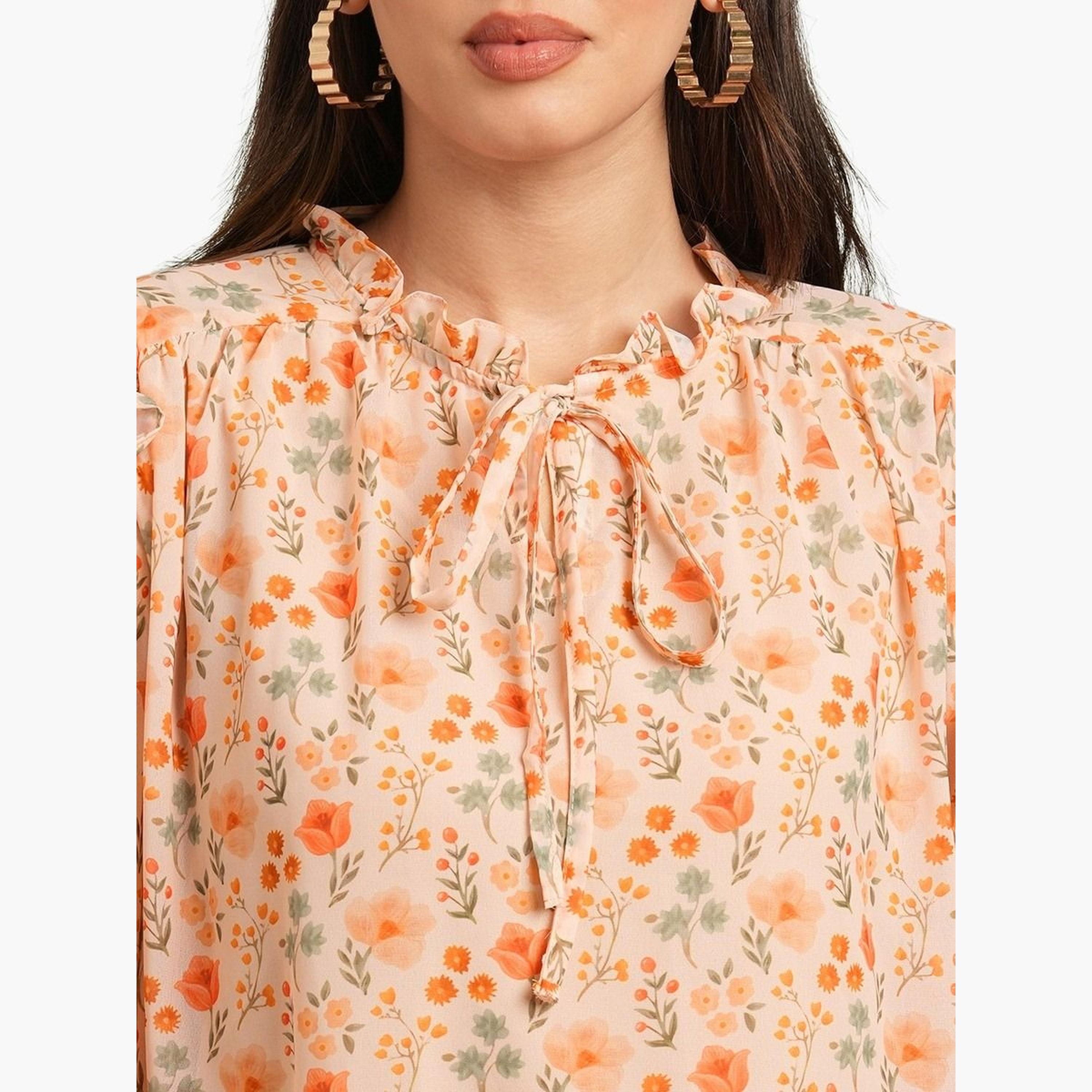 Globus X Styli Women Orange Floral Print Tie-Up Neck Top-women-clothing-tshirts-image-4