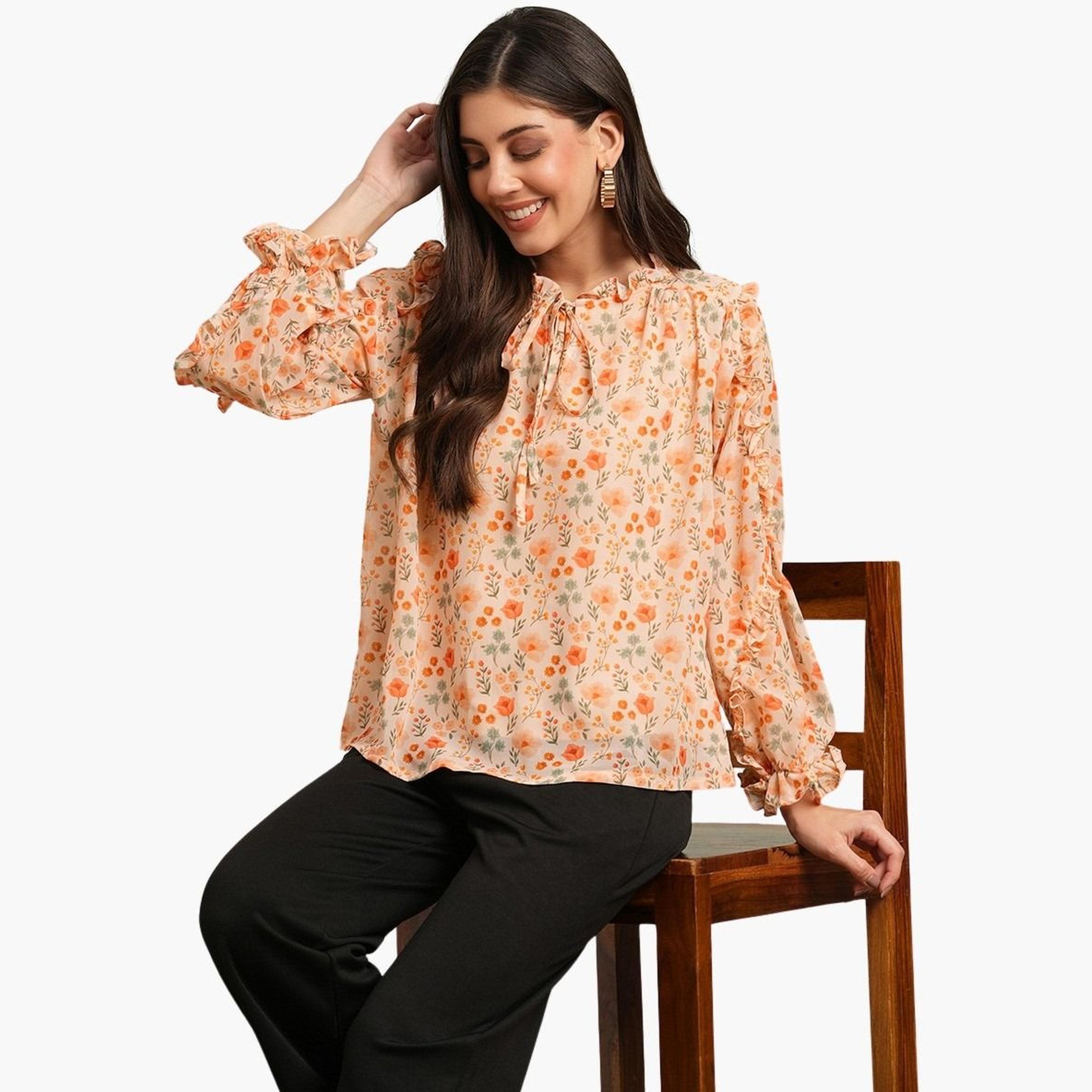 Globus X Styli Women Orange Floral Print Tie-Up Neck Top-women-clothing-tshirts-image-5