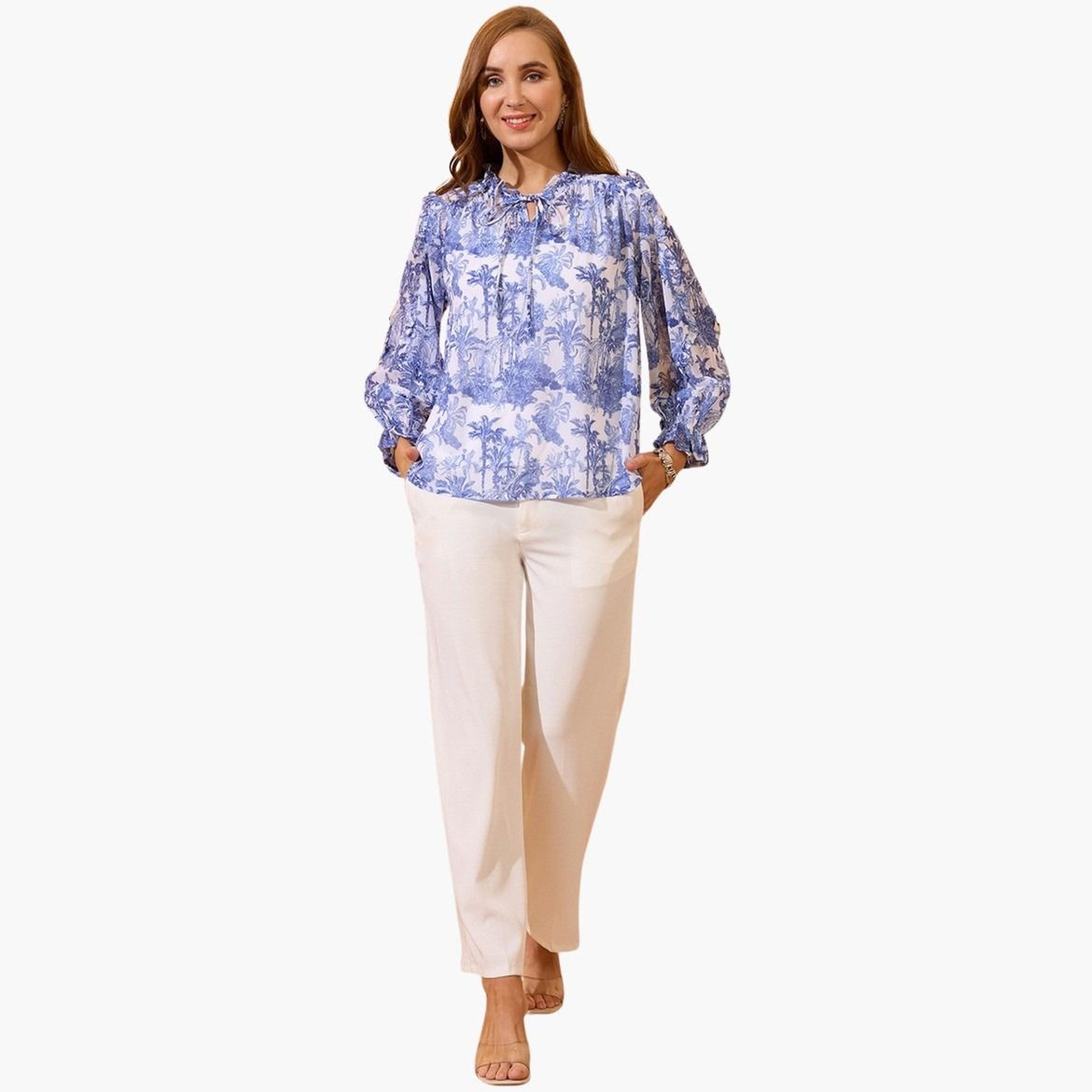 غلوبوس × ستايلي - بلوزة زرقاء مكشكشة برباط حول الرقبة للنساء-women-clothing-tshirts-image-2