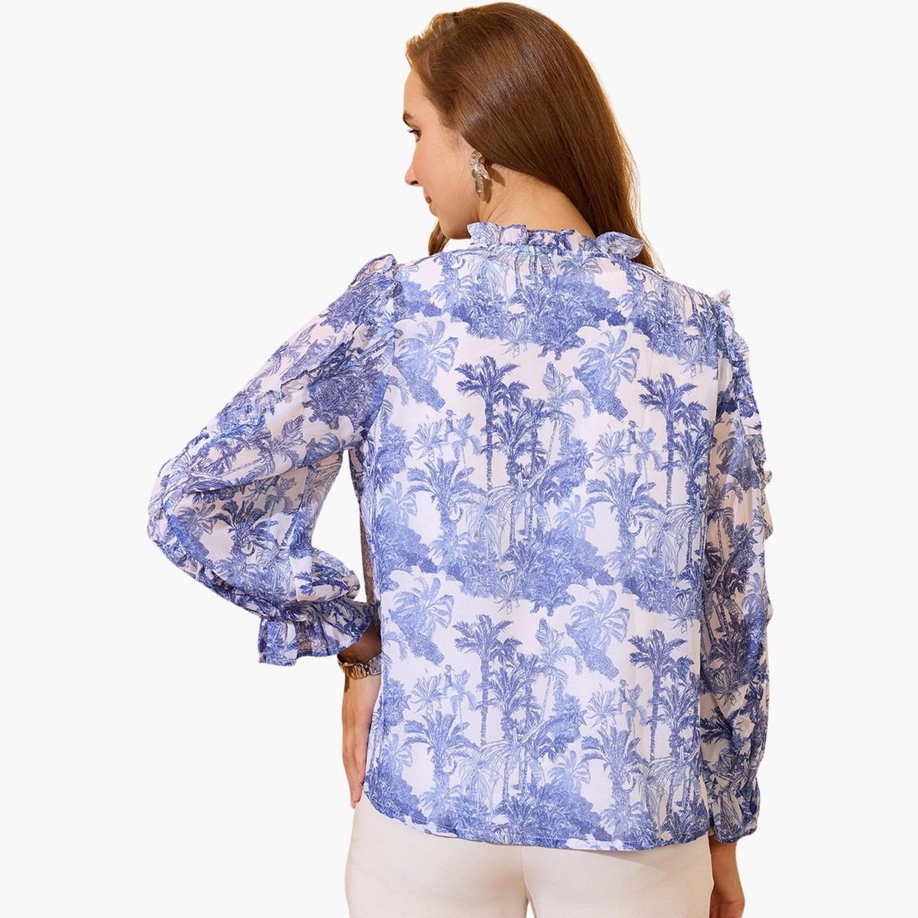 غلوبوس × ستايلي - بلوزة زرقاء مكشكشة برباط حول الرقبة للنساء-women-clothing-tshirts-image-3