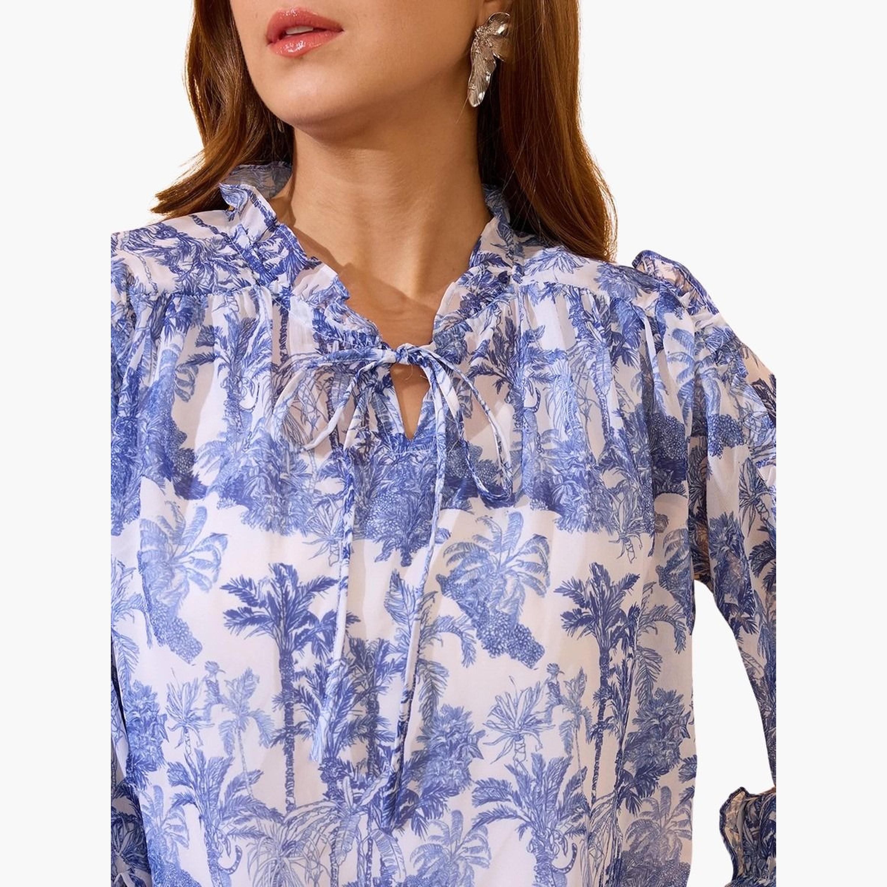 غلوبوس × ستايلي - بلوزة زرقاء مكشكشة برباط حول الرقبة للنساء-women-clothing-tshirts-image-4