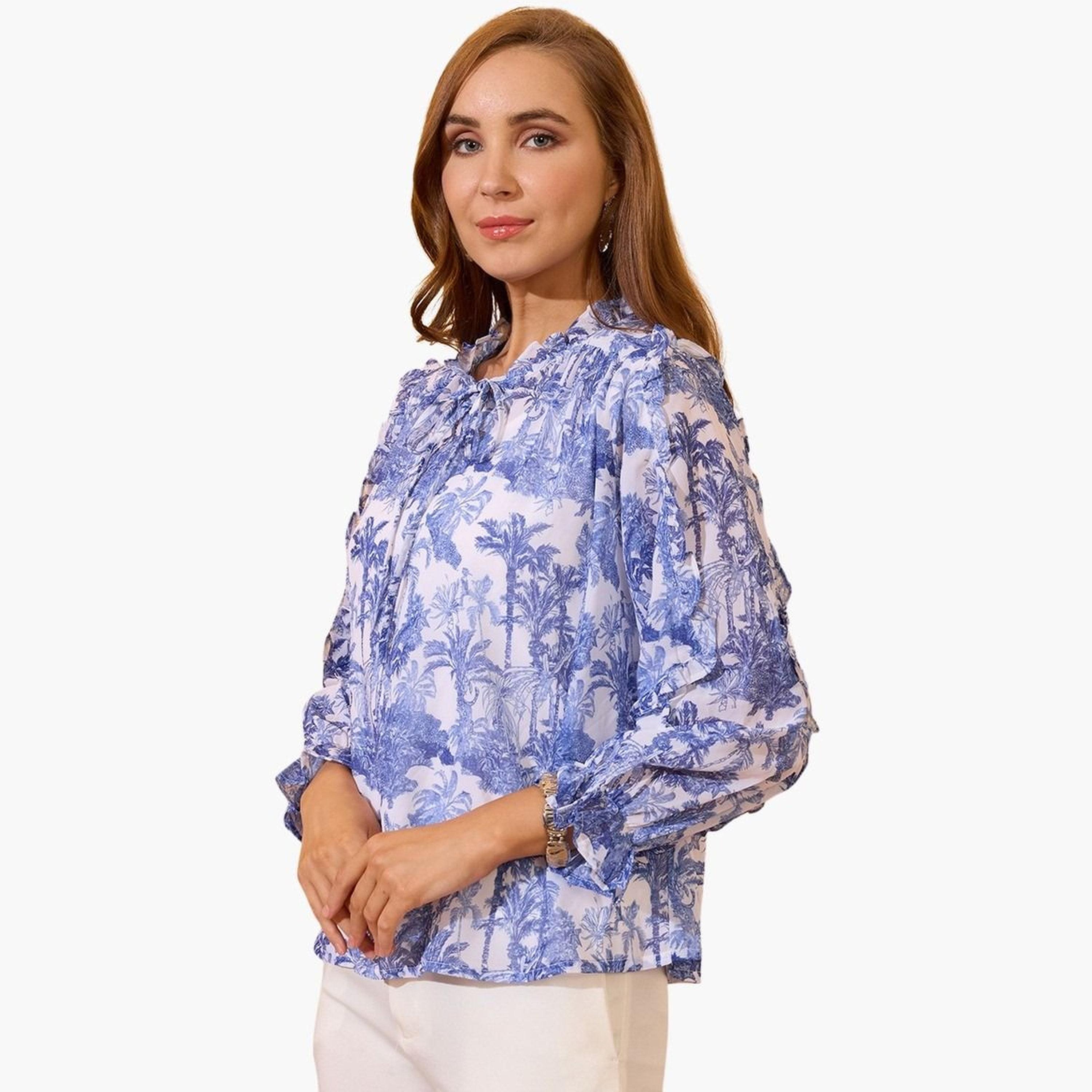 غلوبوس × ستايلي - بلوزة زرقاء مكشكشة برباط حول الرقبة للنساء-women-clothing-tshirts-image-5