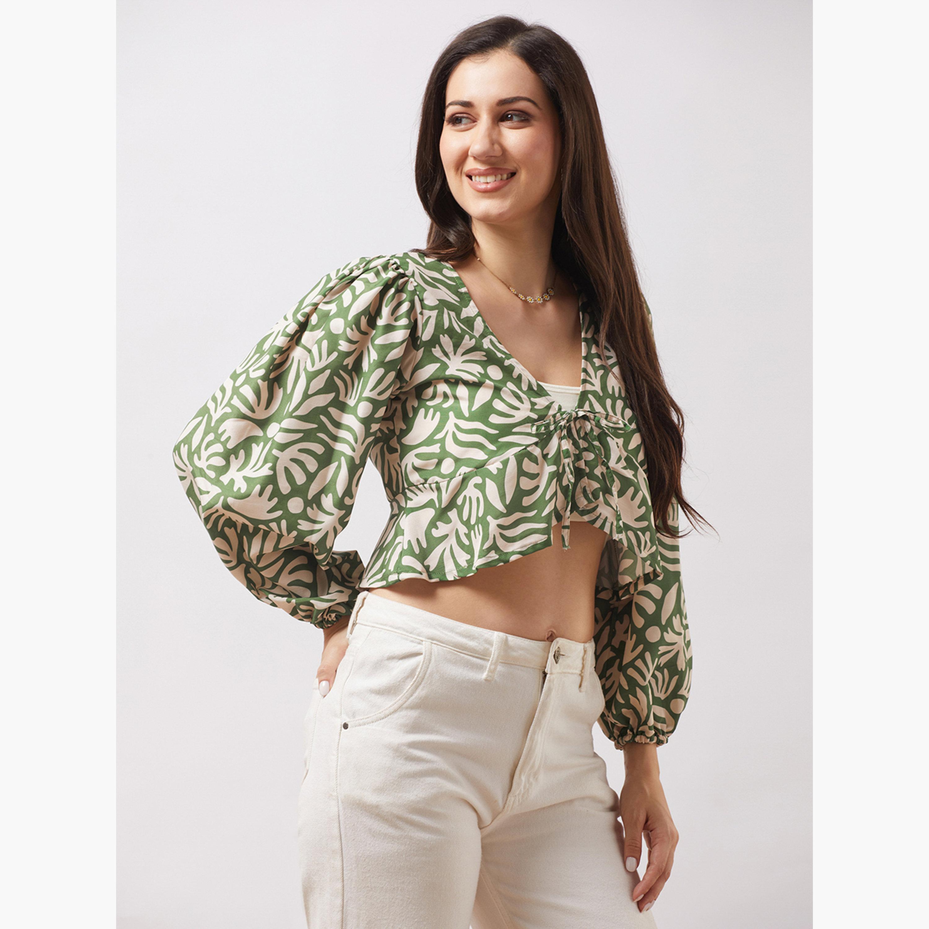 غلوبوس × ستايلي - بلوزة خضراء بأكمام أسقف مطبوعة تجريدية للنساء-women-clothing-tshirts-image-1