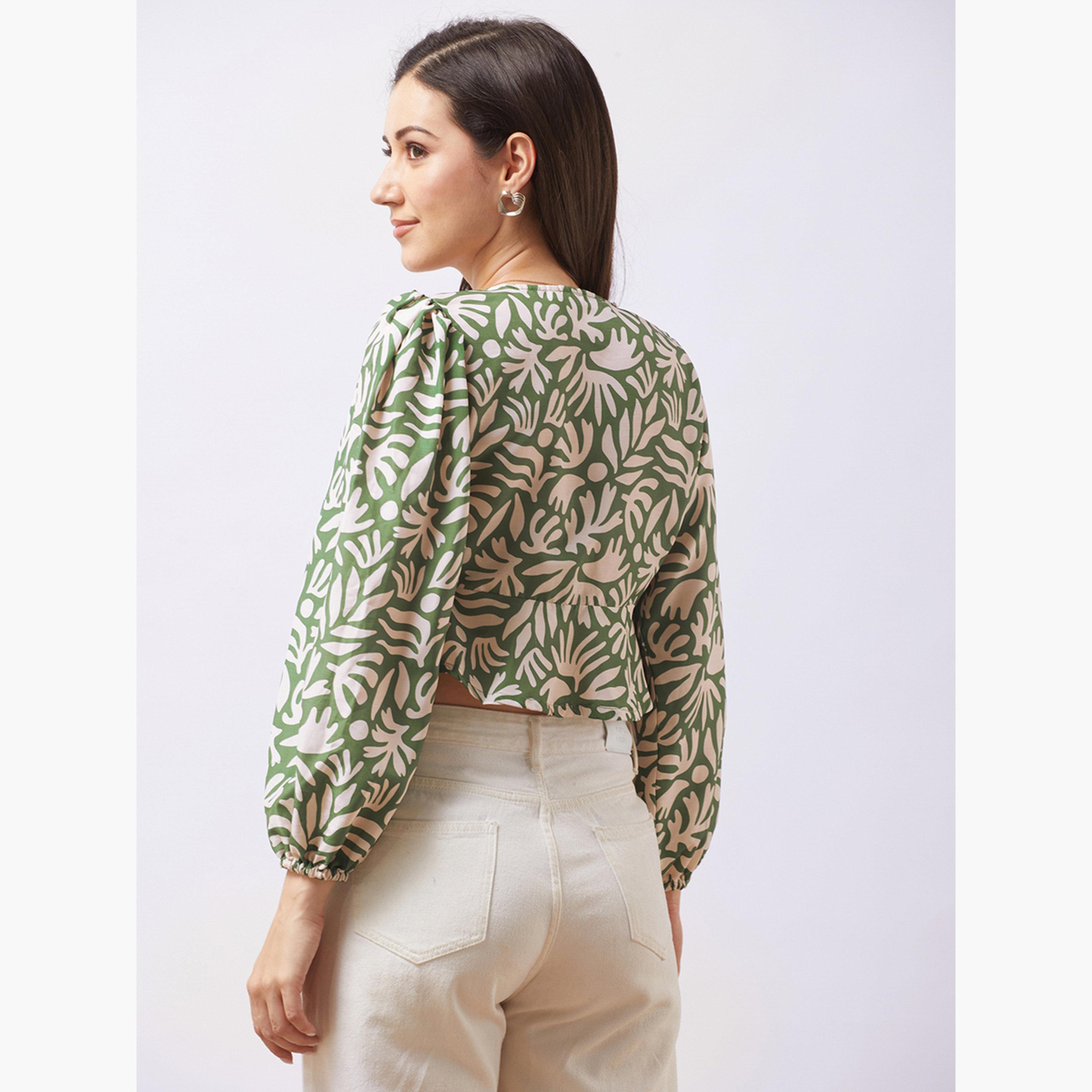 Globus X Styli Women Green Bishop Sleeves Abstract Print Top-women-clothing-tshirts-image-3
