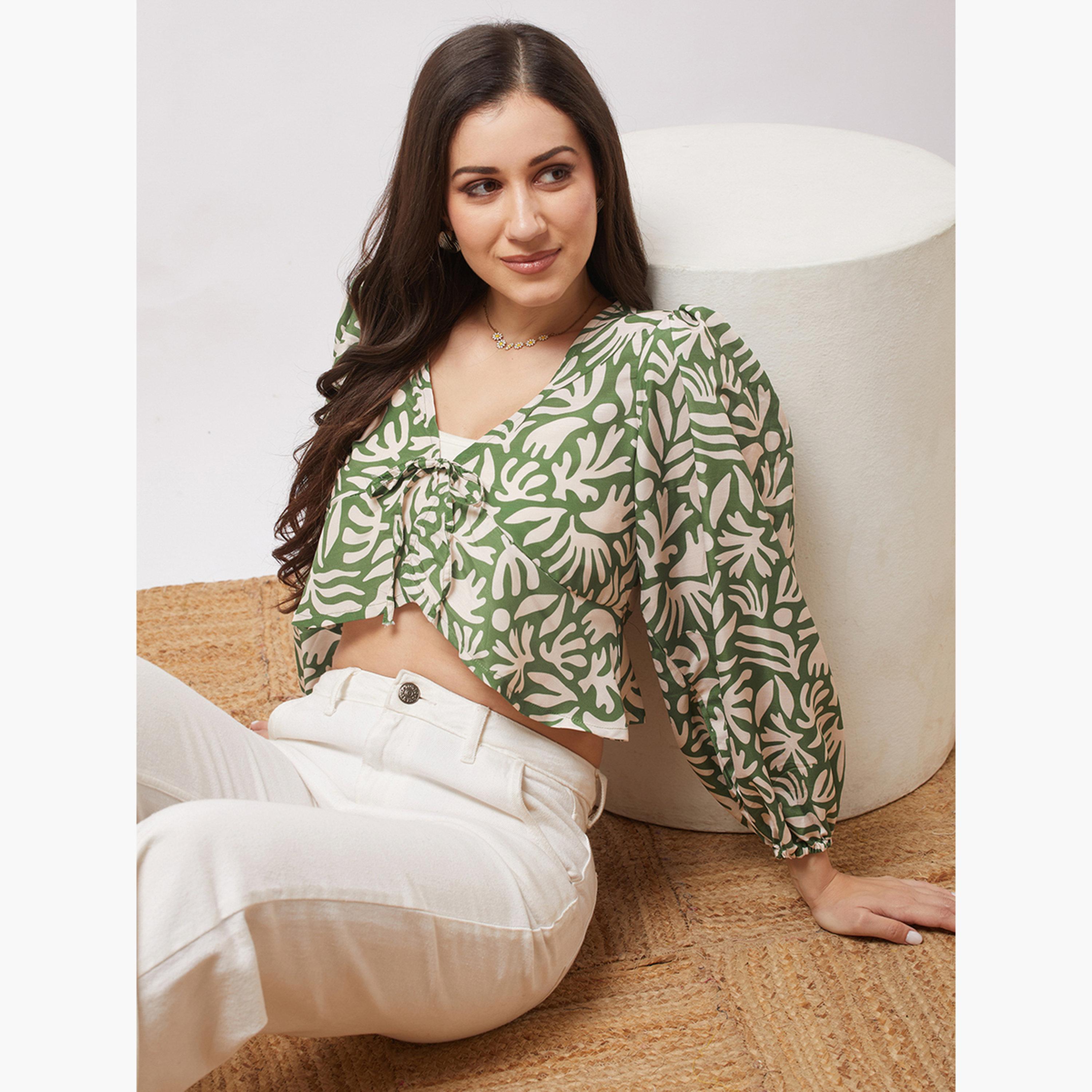 Globus X Styli Women Green Bishop Sleeves Abstract Print Top-women-clothing-tshirts-image-5