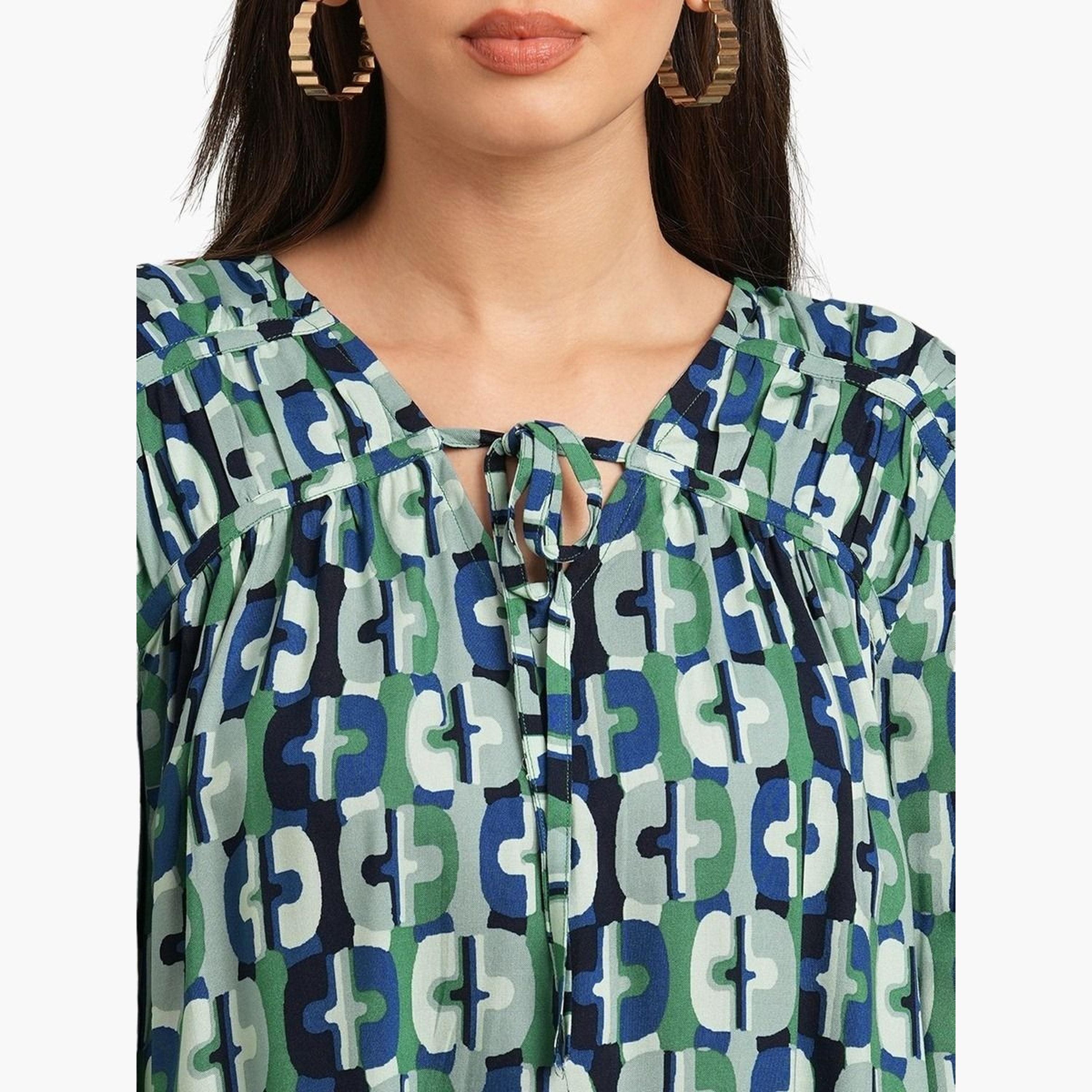 غلوبوس × ستايلي - بلوزة خضراء نقشة تجريدية مع رباط حول الرقبة للنساء-women-clothing-tshirts-image-4