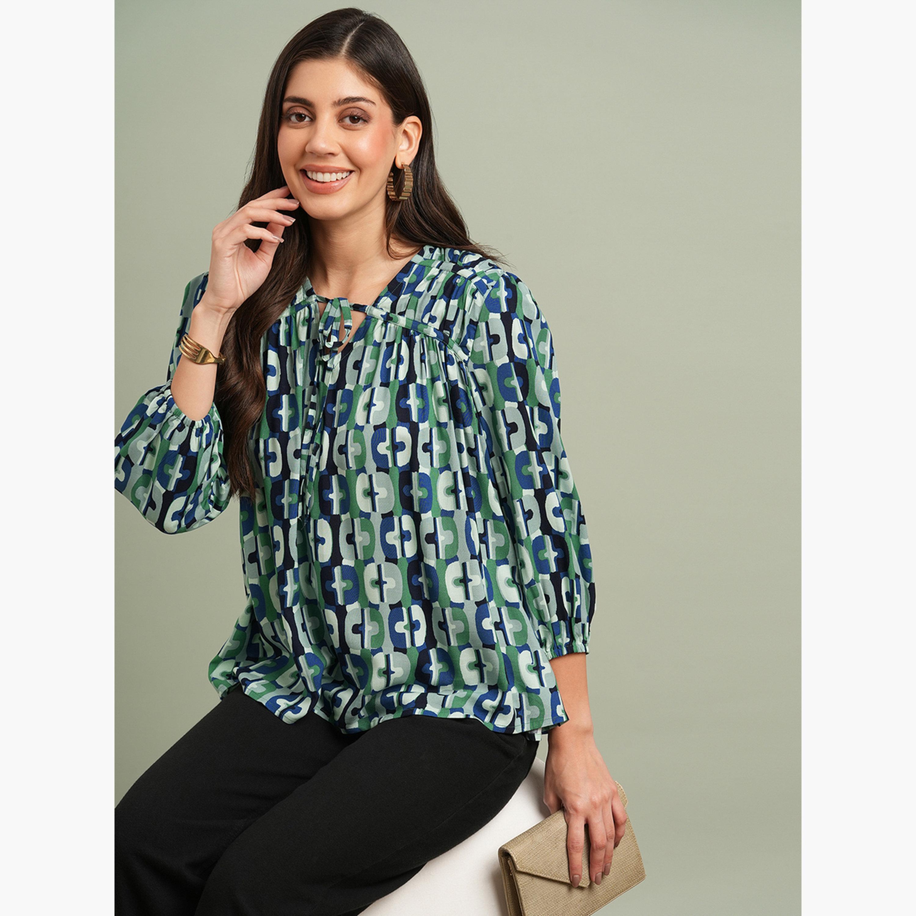 Globus X Styli Women Green Abstract Print Tie Up Neck Top-women-clothing-tshirts-image-5