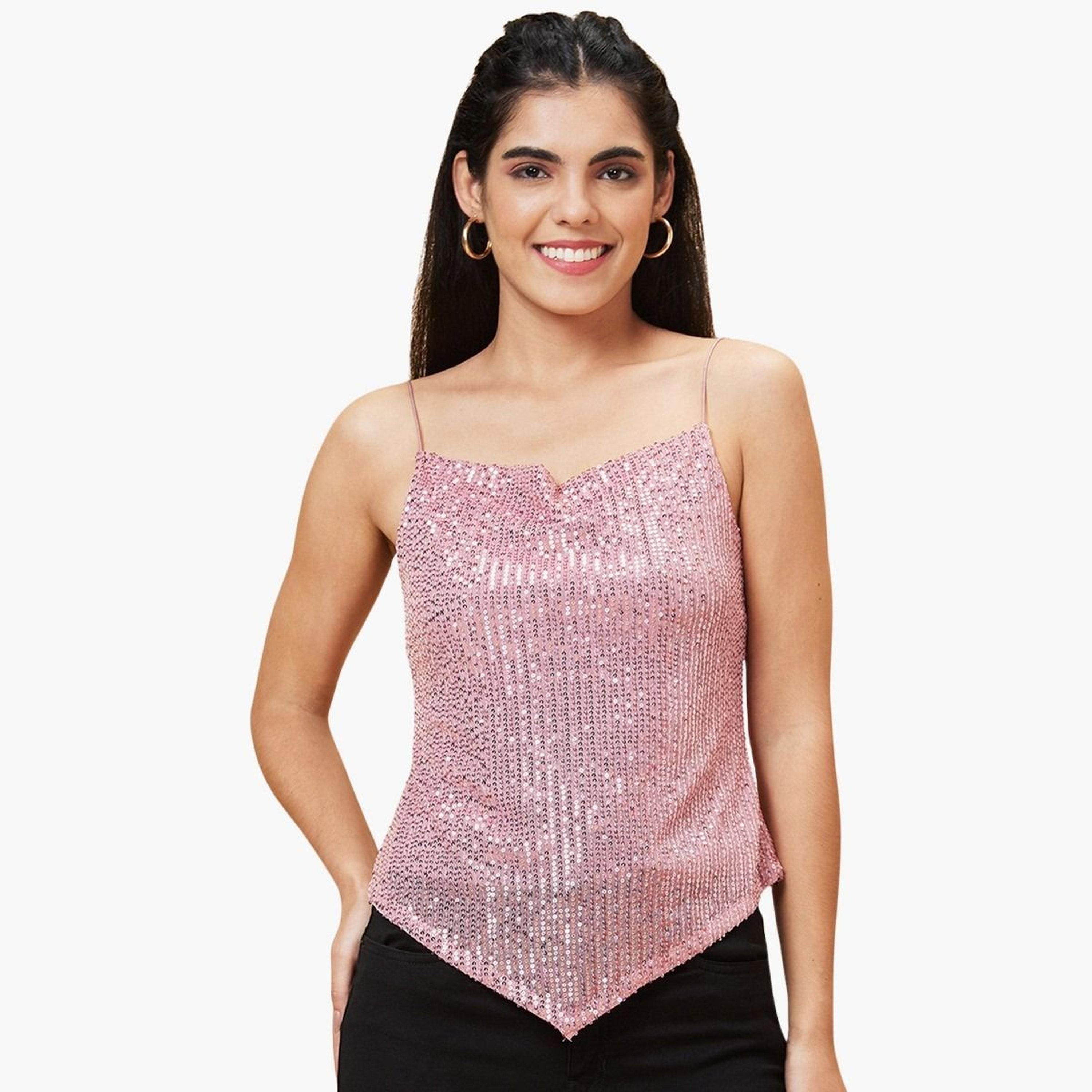 غلوبوس × ستايلي - بلوزة وردية مزينة برقبة دائرية وحمالات للنساء-women-clothing-tshirts-image-1