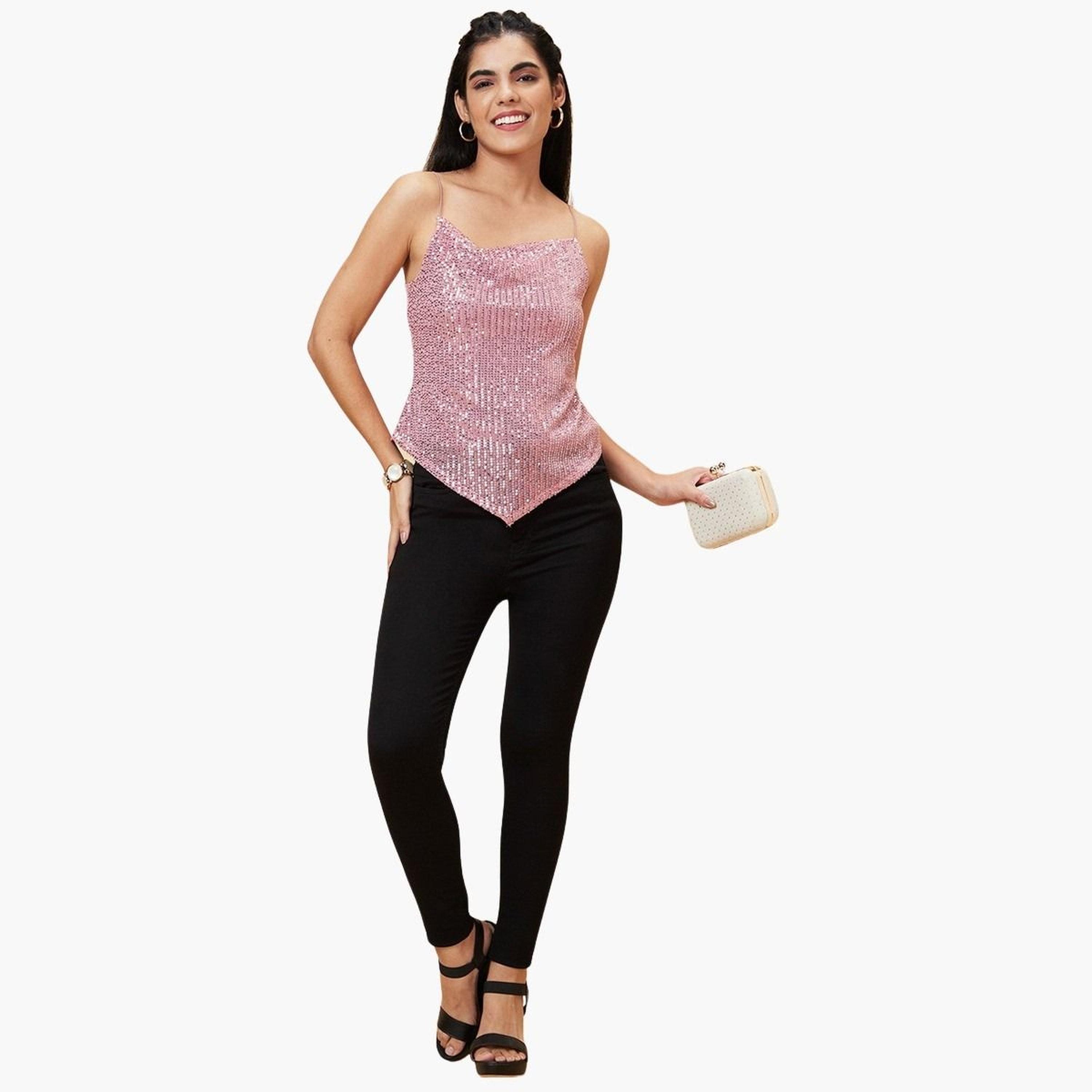 غلوبوس × ستايلي - بلوزة وردية مزينة برقبة دائرية وحمالات للنساء-women-clothing-tshirts-image-2