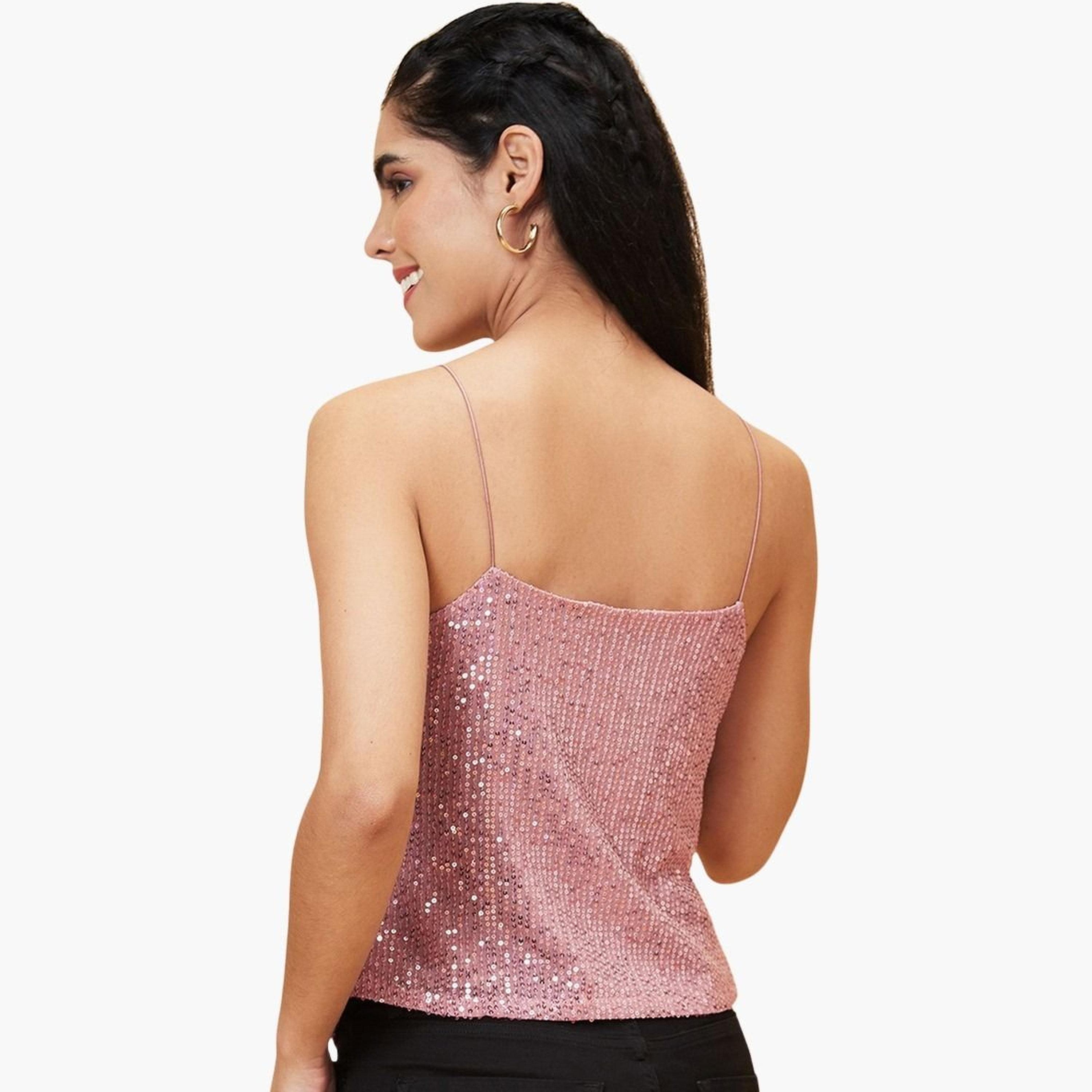غلوبوس × ستايلي - بلوزة وردية مزينة برقبة دائرية وحمالات للنساء-women-clothing-tshirts-image-3