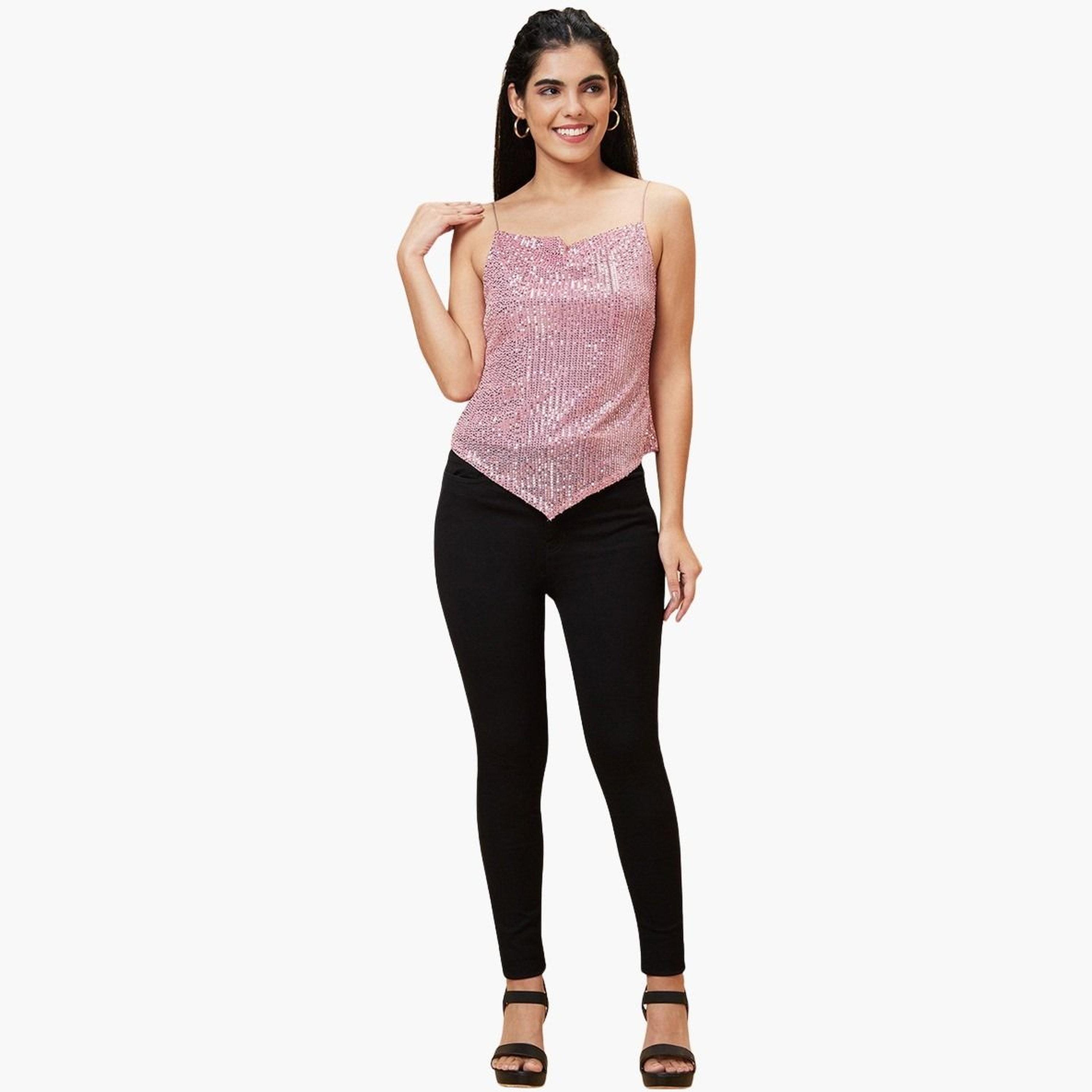 غلوبوس × ستايلي - بلوزة وردية مزينة برقبة دائرية وحمالات للنساء-women-clothing-tshirts-image-6