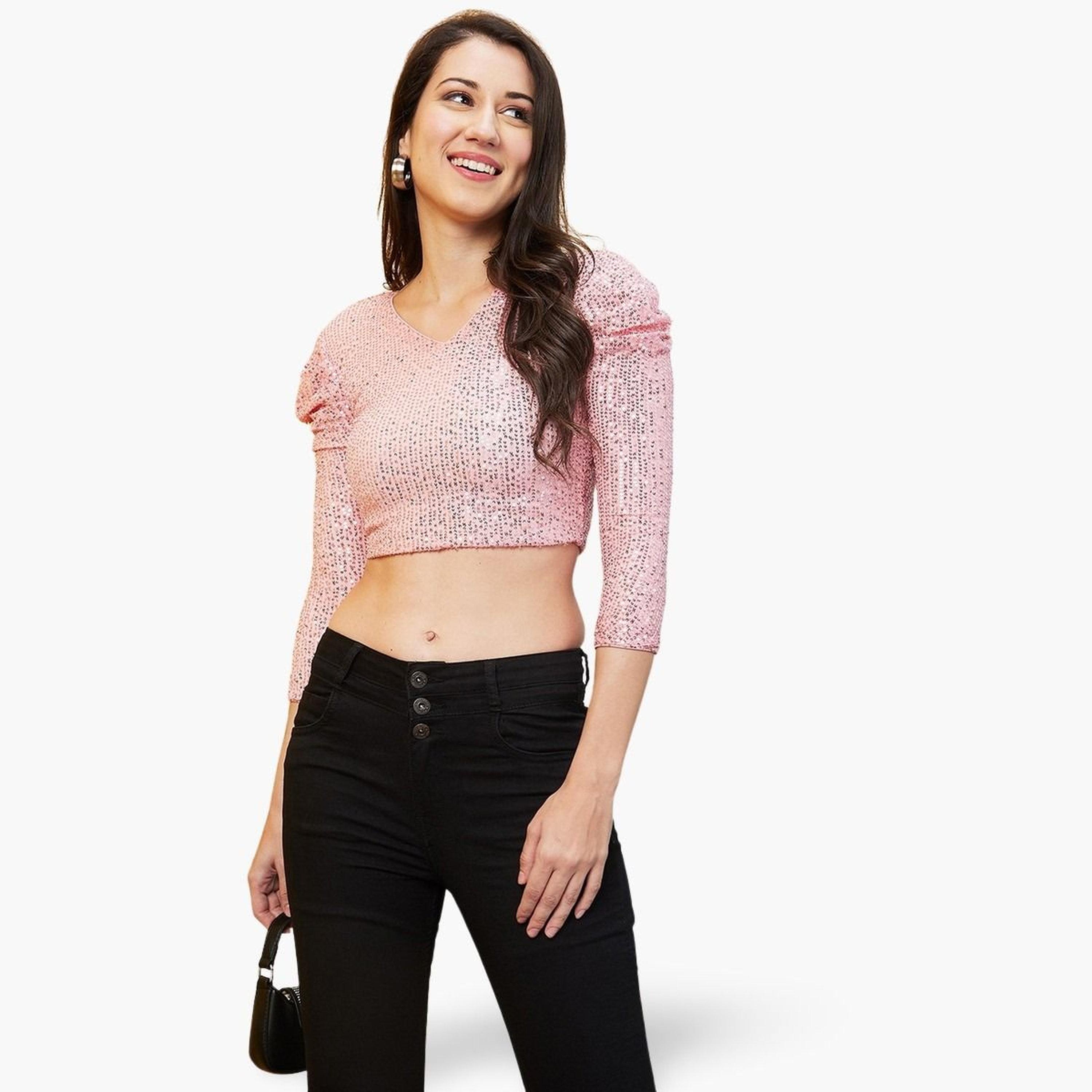 غلوبوص × ستايلي - بلوزة نسائية قصيرة وردية اللون بأكمام منتفخة ومزينة بالترتر-women-clothing-shirtsandblouses-blouses-image-1