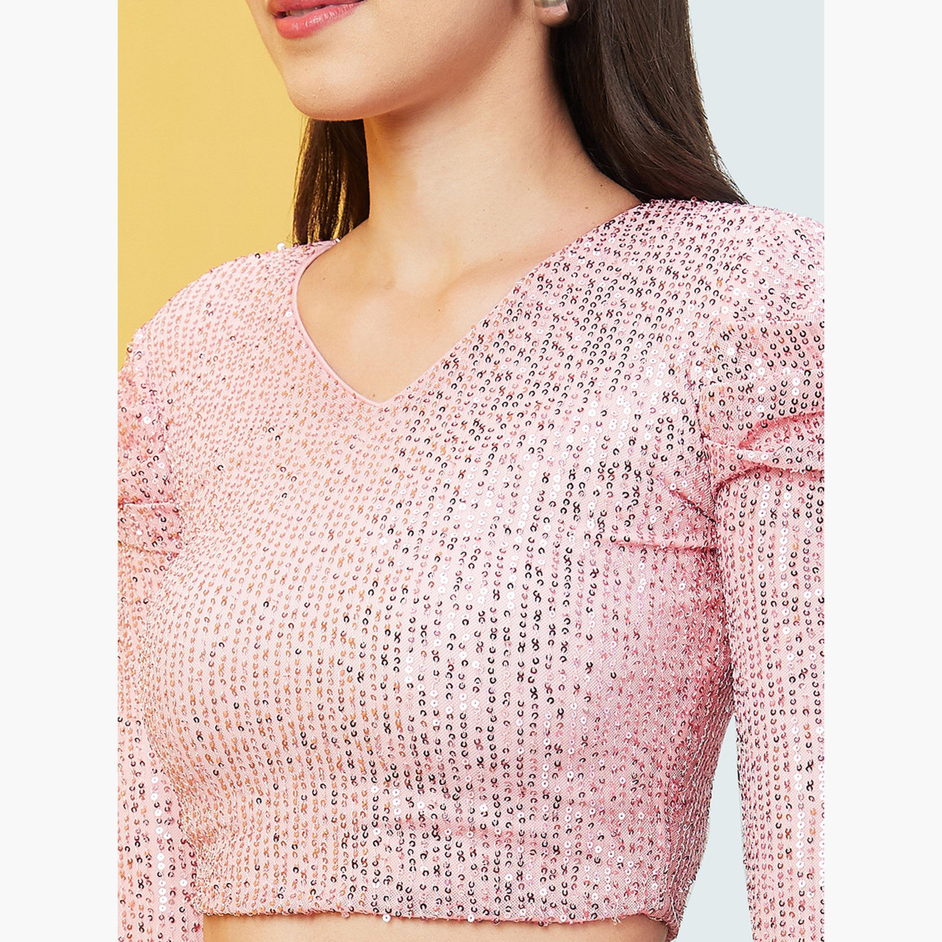 غلوبوص × ستايلي - بلوزة نسائية قصيرة وردية اللون بأكمام منتفخة ومزينة بالترتر-women-clothing-shirtsandblouses-blouses-image-5