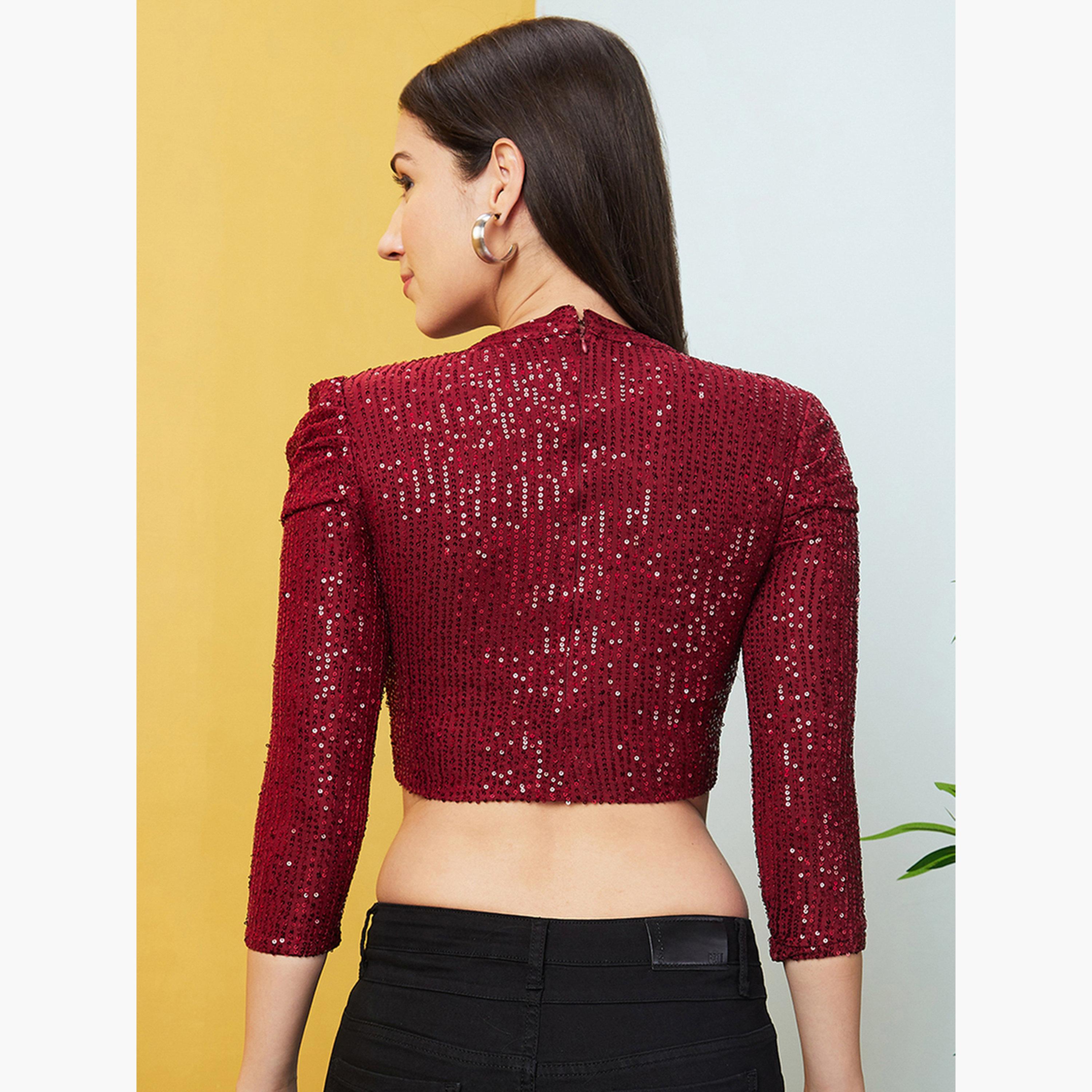 غلوبوص × ستايلي - بلوزة قصيرة مزينة بالترتر رقبة مستديرة لون مارون-women-clothing-shirtsandblouses-blouses-image-3