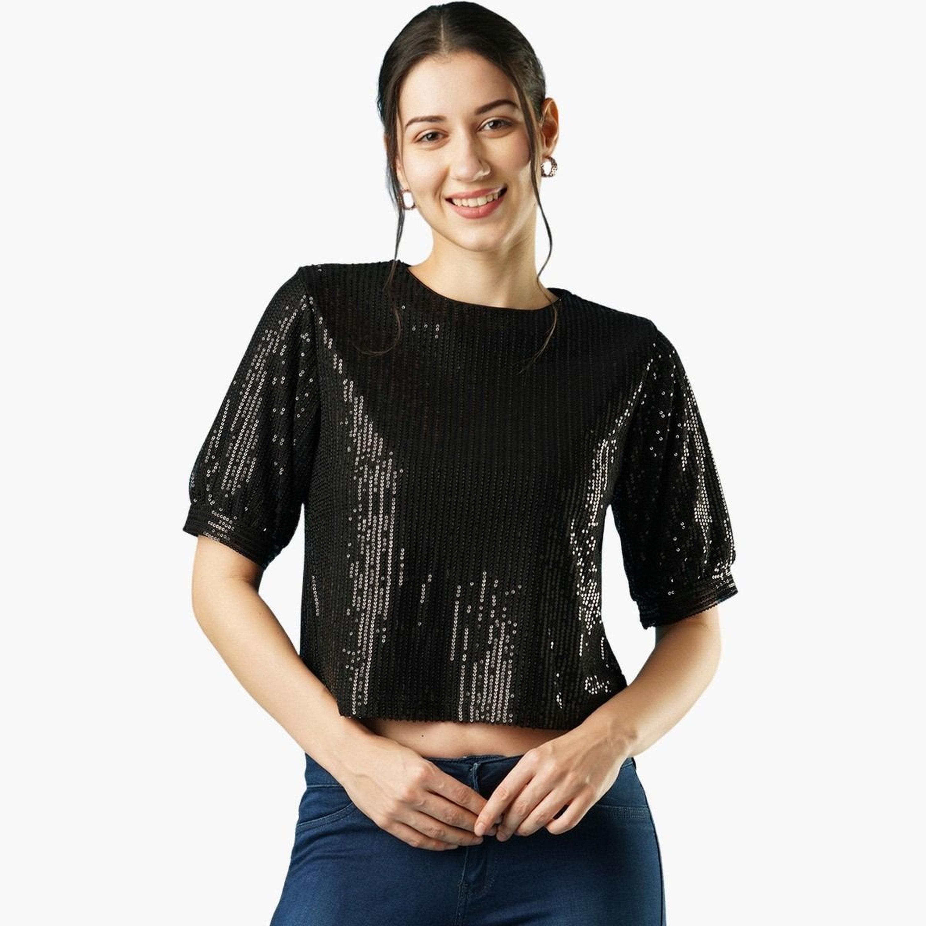 Globus X Styli Women Black Sequin Puff Sleeve Top-women-clothing-tshirts-image-1