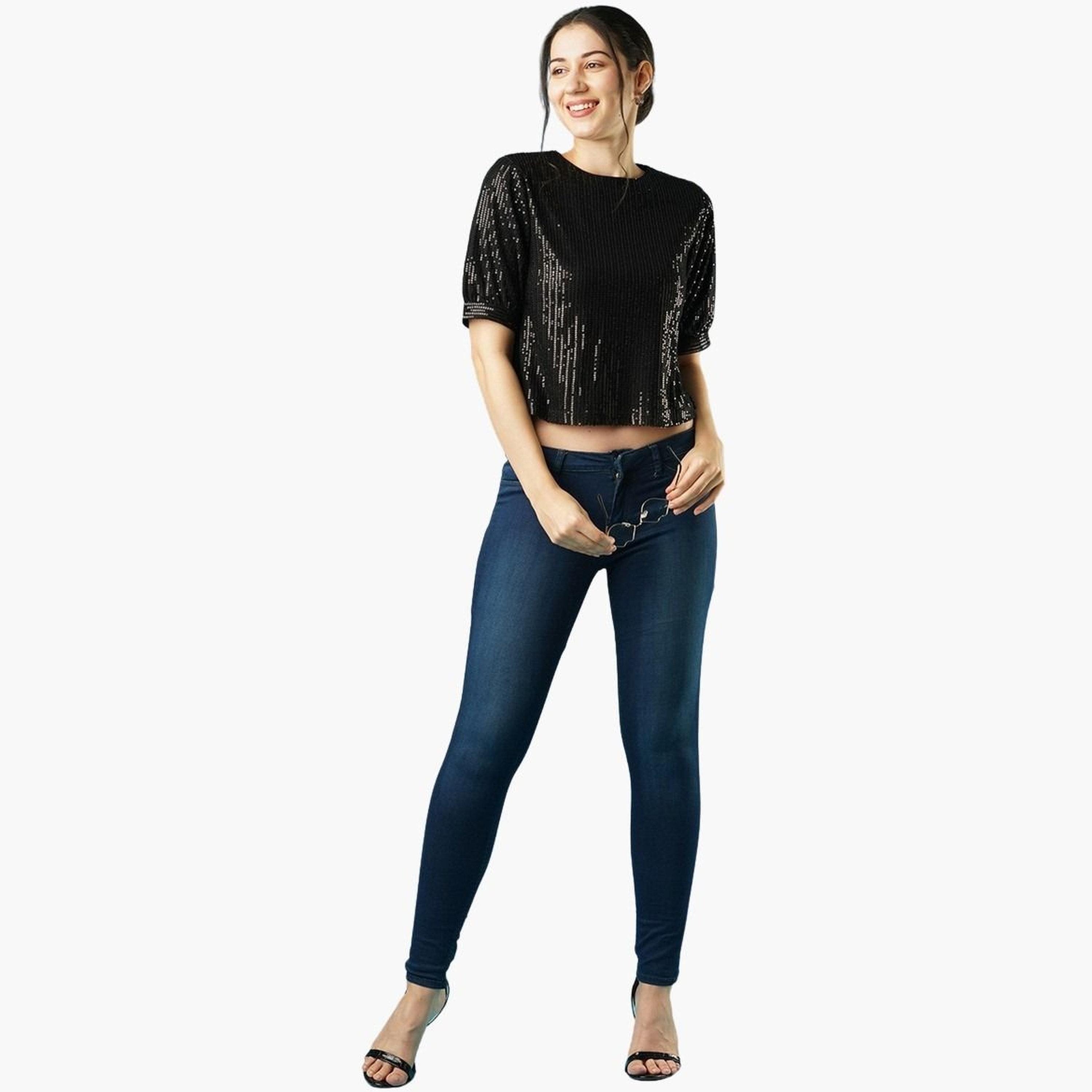 Globus X Styli Women Black Sequin Puff Sleeve Top-women-clothing-tshirts-image-2