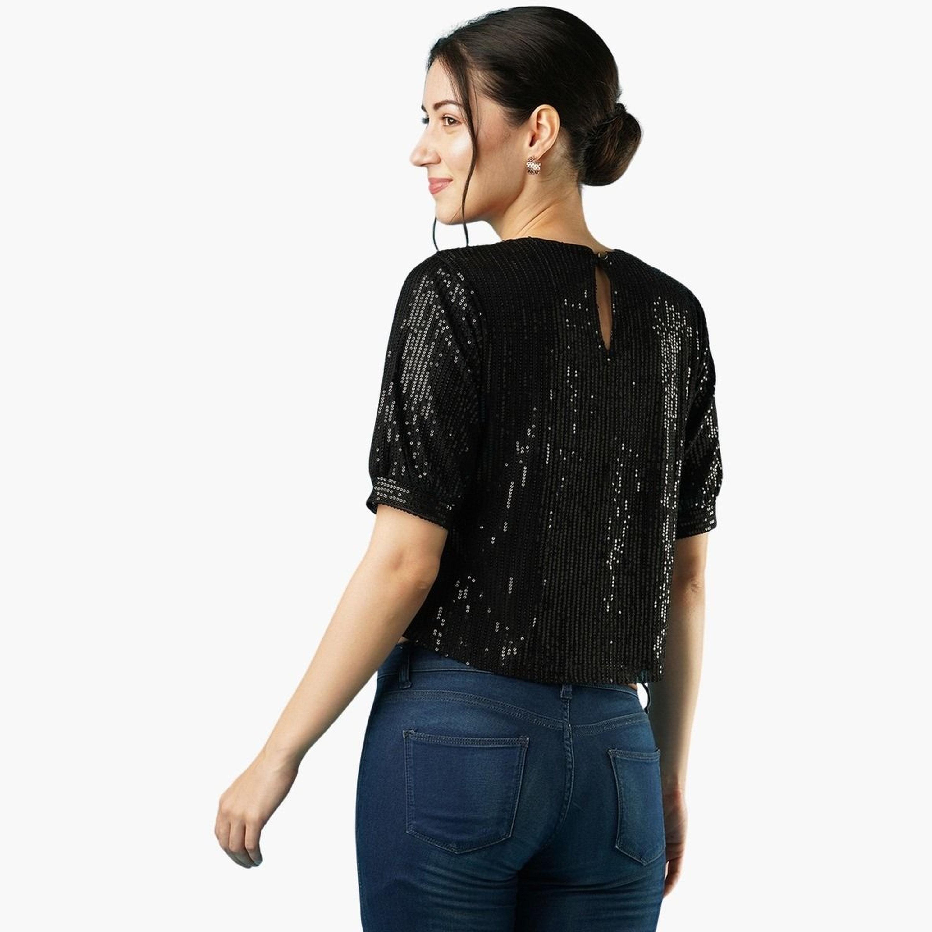 غلوبوس × ستايلي - بلوزة سوداء بأكمام منتفخة مزينة بالترتر للنساء-women-clothing-tshirts-image-3
