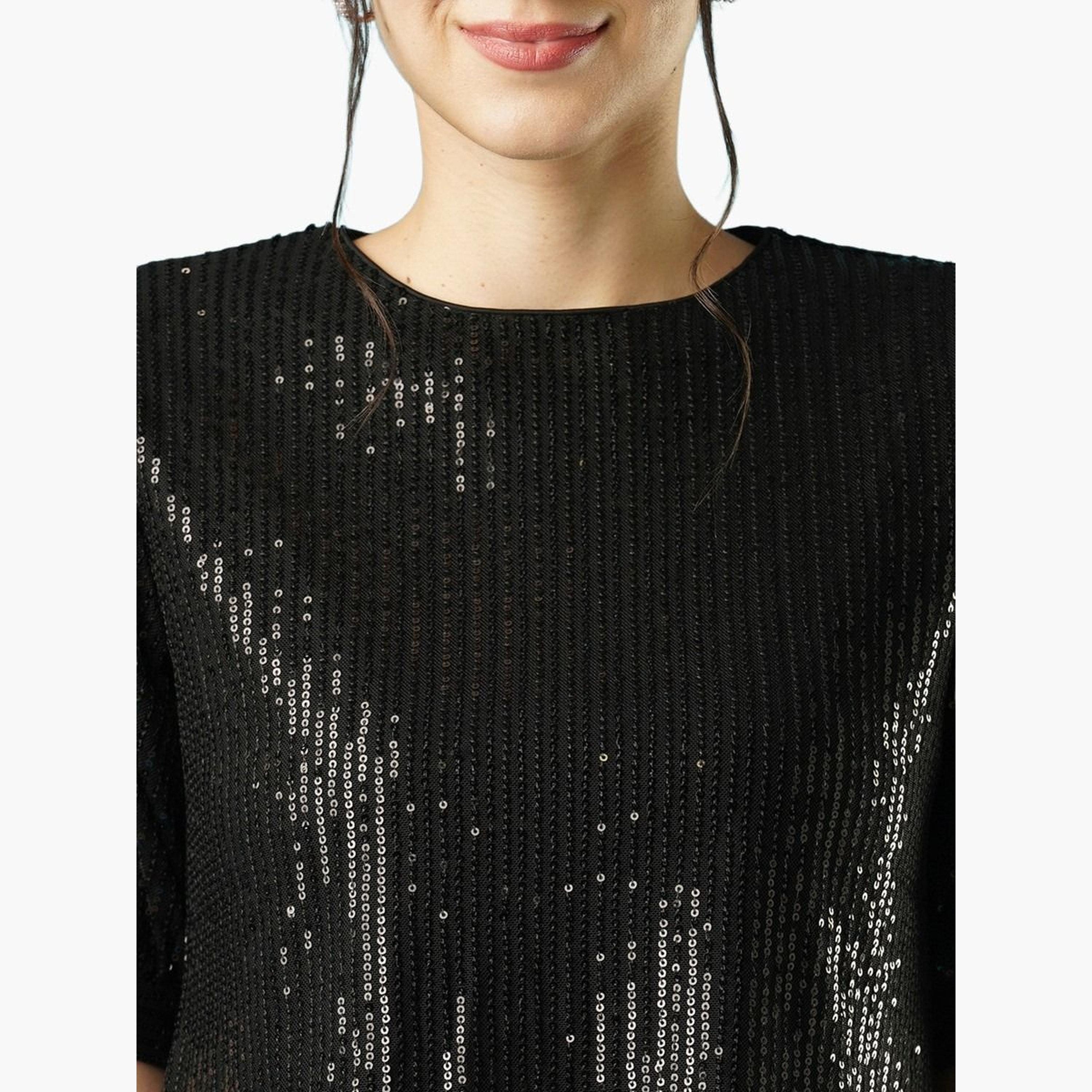 Globus X Styli Women Black Sequin Puff Sleeve Top-women-clothing-tshirts-image-4