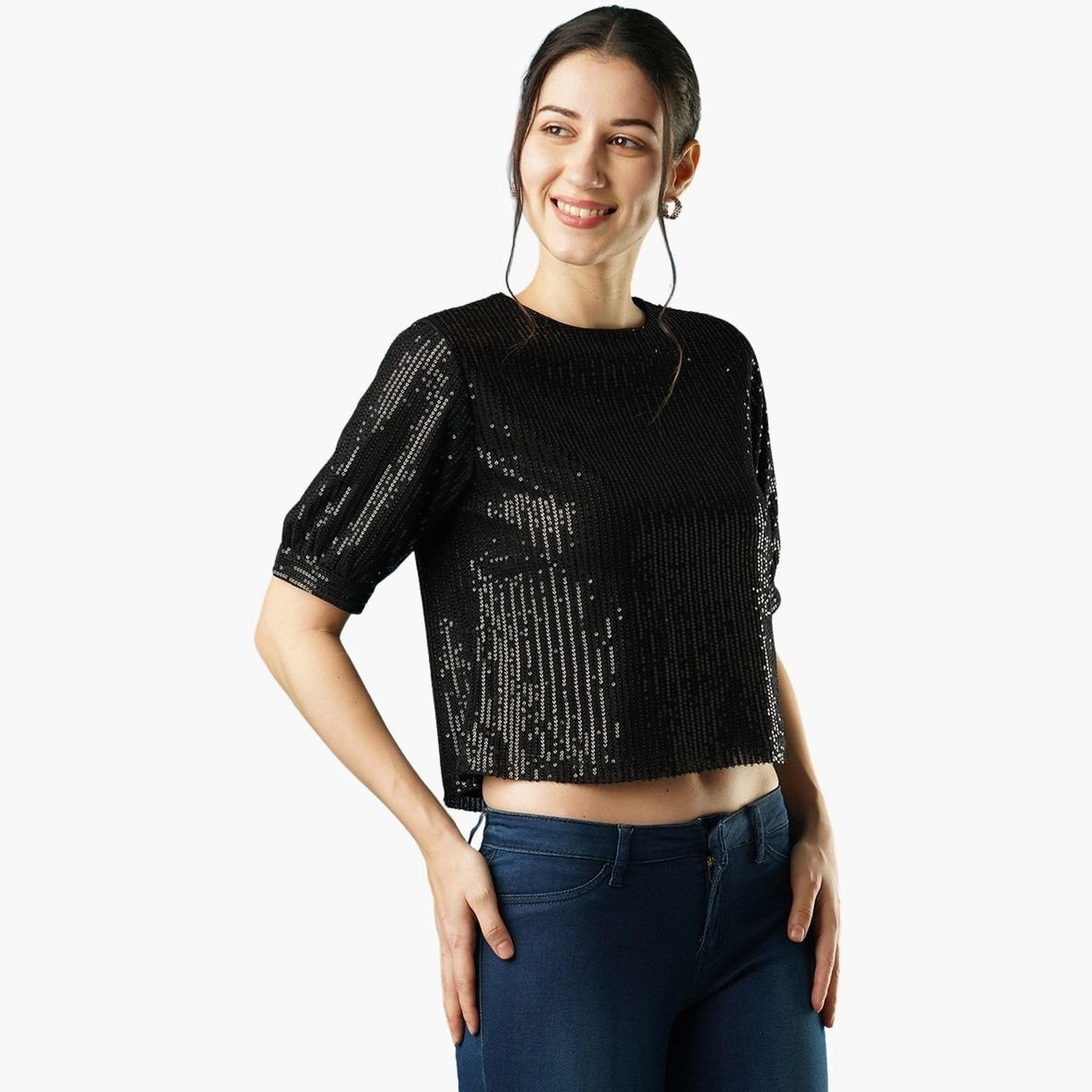 Globus X Styli Women Black Sequin Puff Sleeve Top-women-clothing-tshirts-image-5