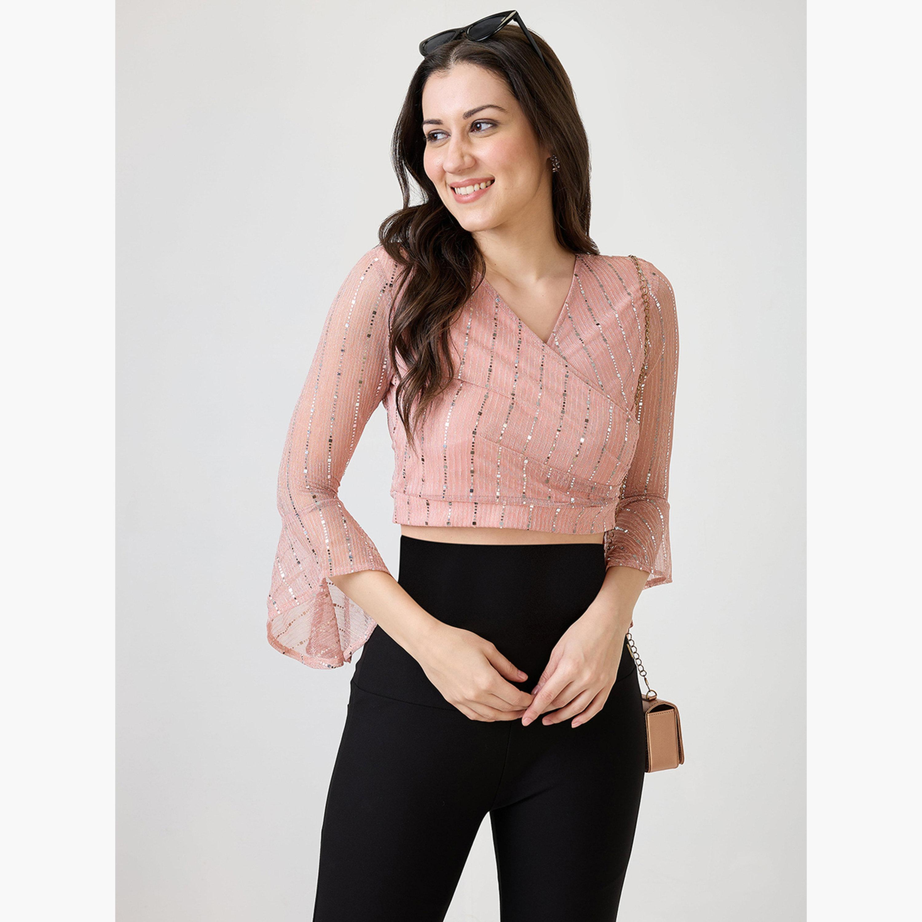 غلوبوس × ستايلي - بلوزة قصيرة وردية اللون بأكمام واسعة ومزينة للنساء-women-clothing-tshirts-image-1