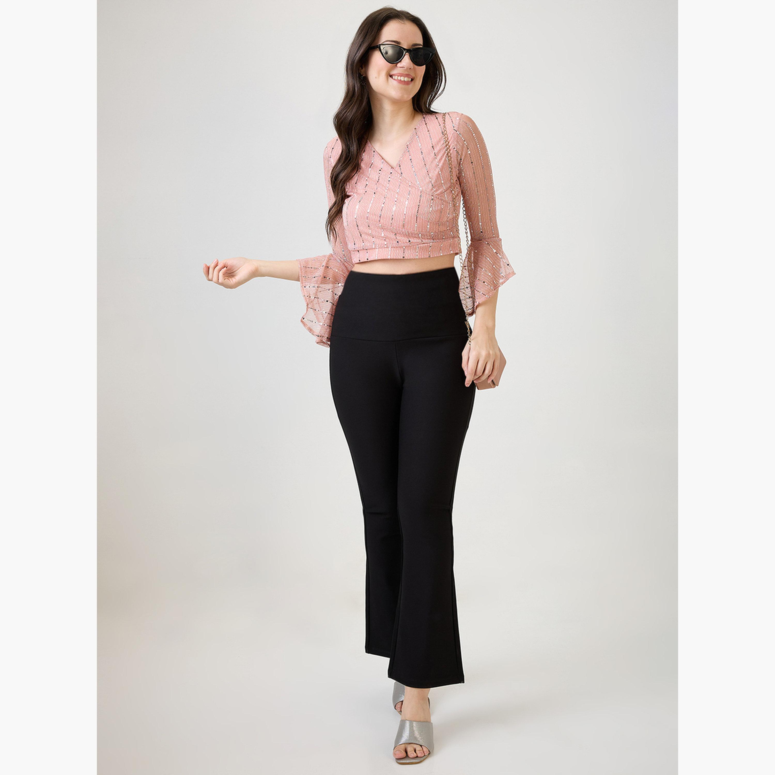 غلوبوس × ستايلي - بلوزة قصيرة وردية اللون بأكمام واسعة ومزينة للنساء-women-clothing-tshirts-image-2