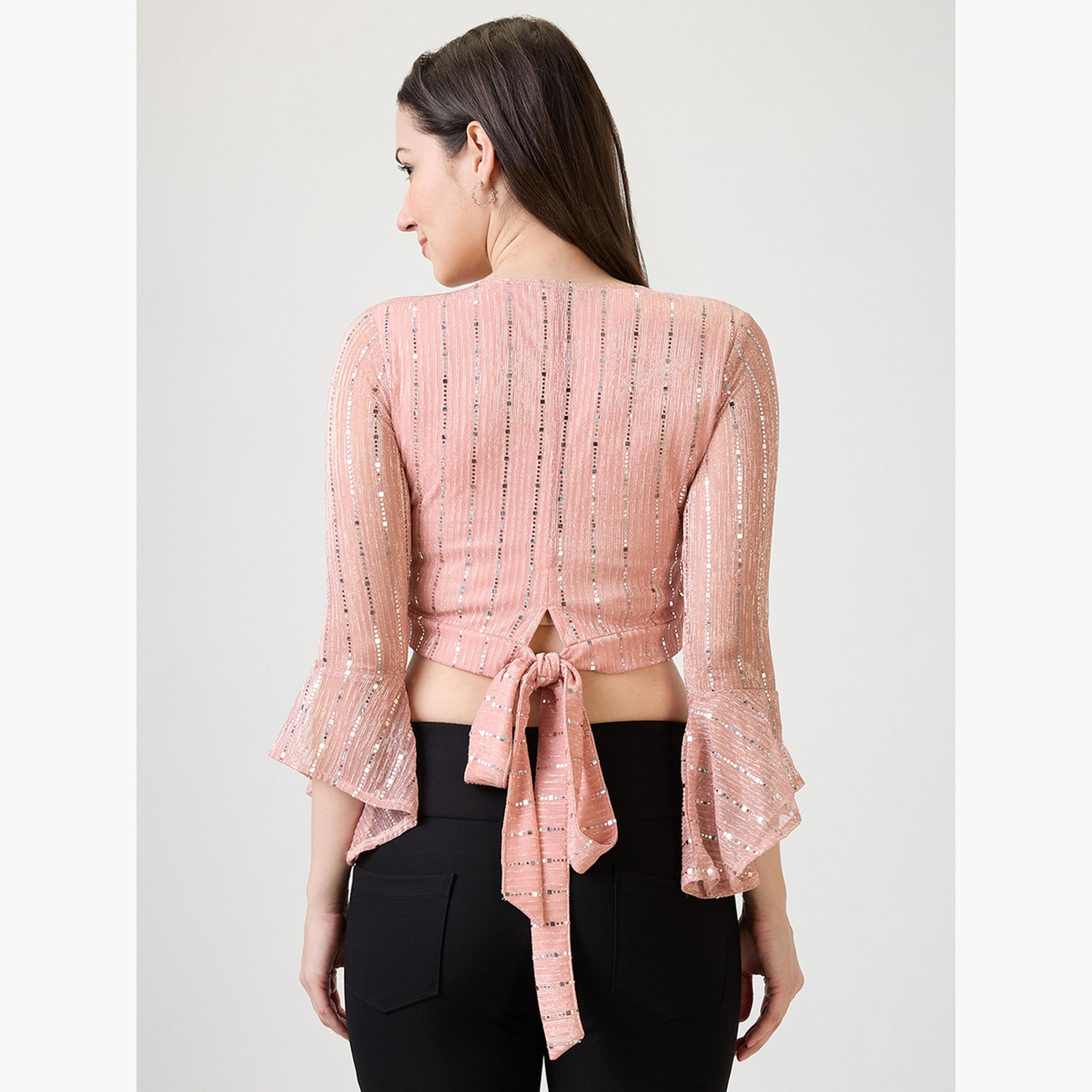 غلوبوس × ستايلي - بلوزة قصيرة وردية اللون بأكمام واسعة ومزينة للنساء-women-clothing-tshirts-image-3