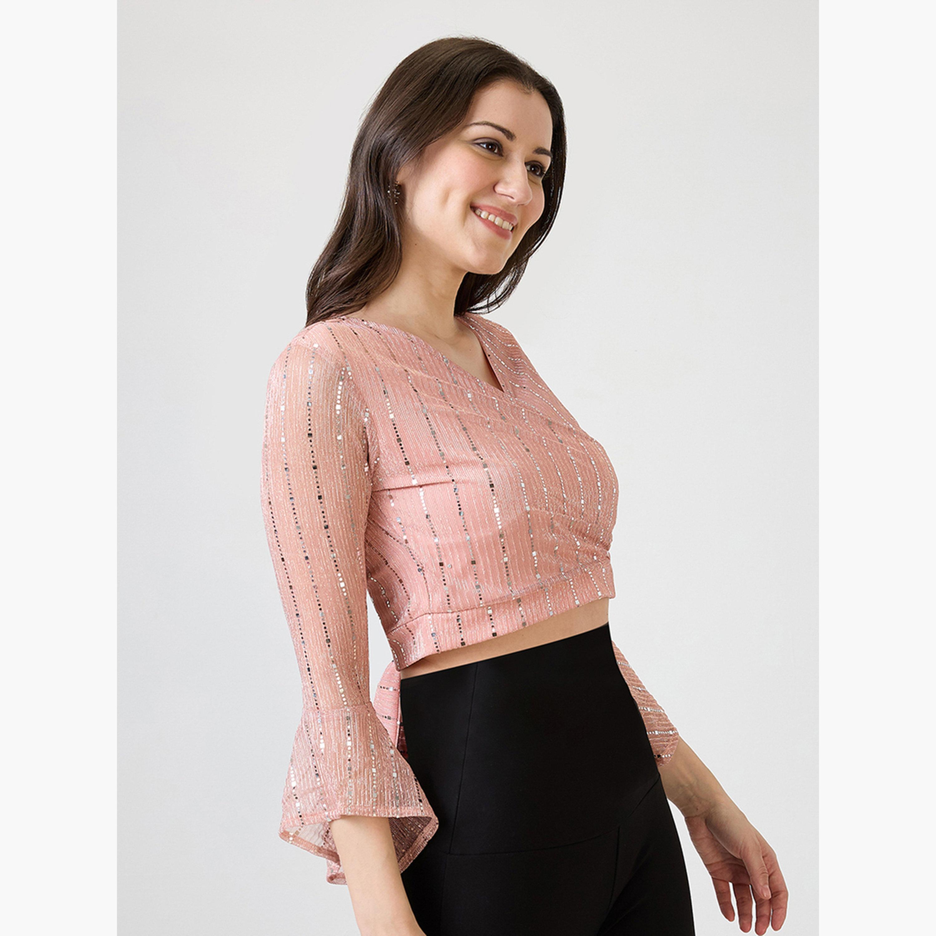 غلوبوس × ستايلي - بلوزة قصيرة وردية اللون بأكمام واسعة ومزينة للنساء-women-clothing-tshirts-image-5