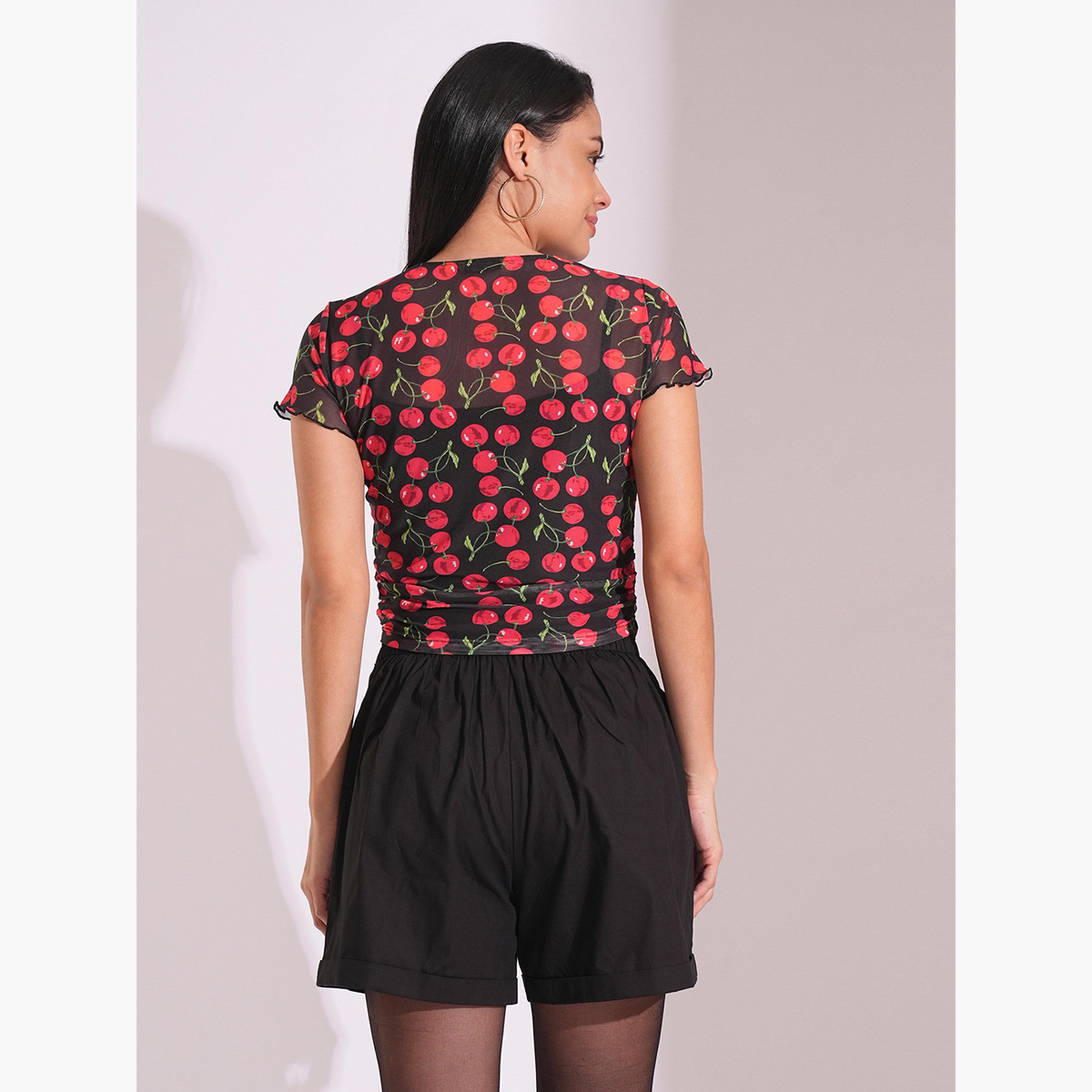 غلوبوس × ستايلي - بلوزة سوداء بأكمام قصيرة وطبعة جرافيكية للنساء-women-clothing-tshirts-image-3