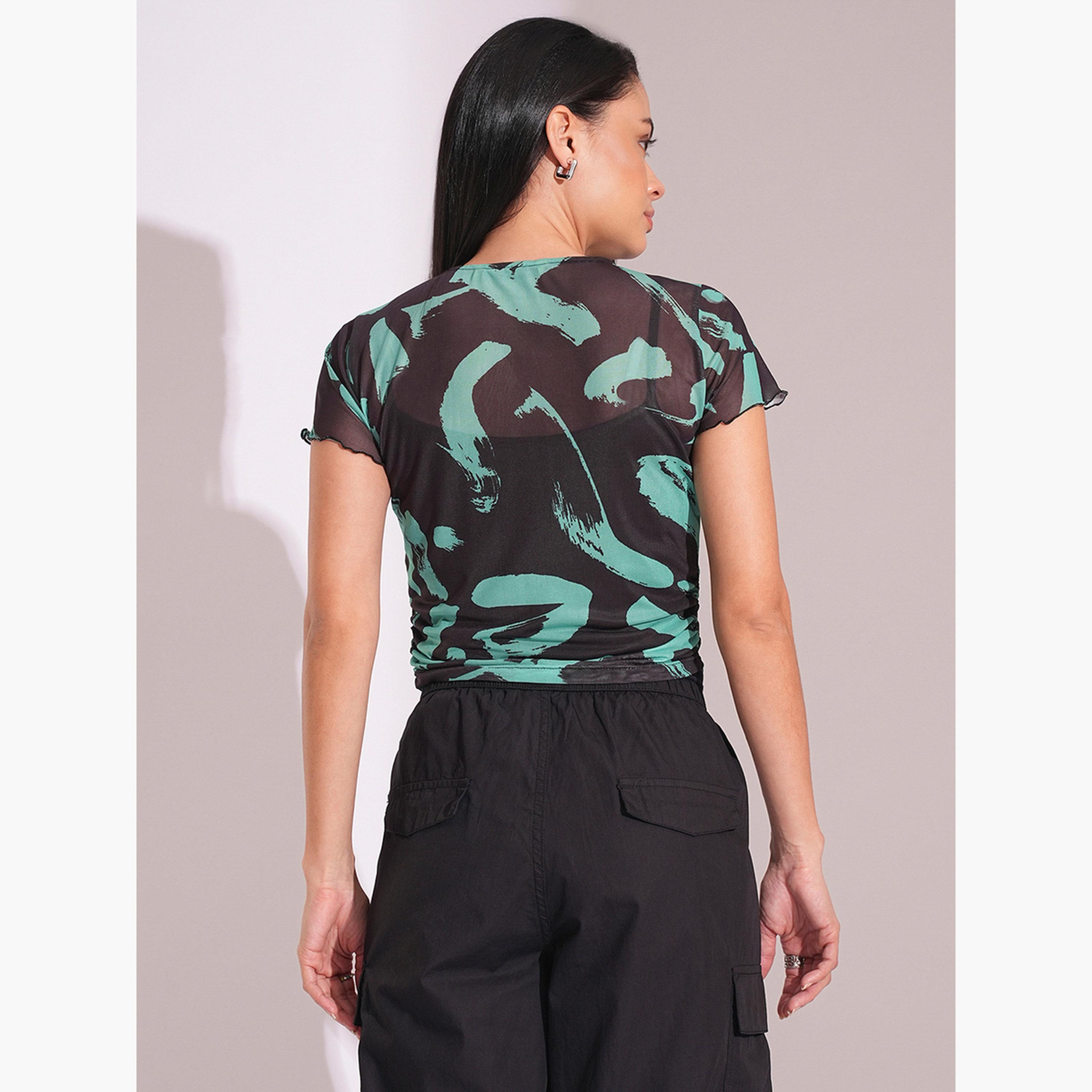 غلوبوص × ستايلي - بلوزة نسائية بأكمام قصيرة وبطبعة لون أخضر-women-clothing-shirtsandblouses-blouses-image-3