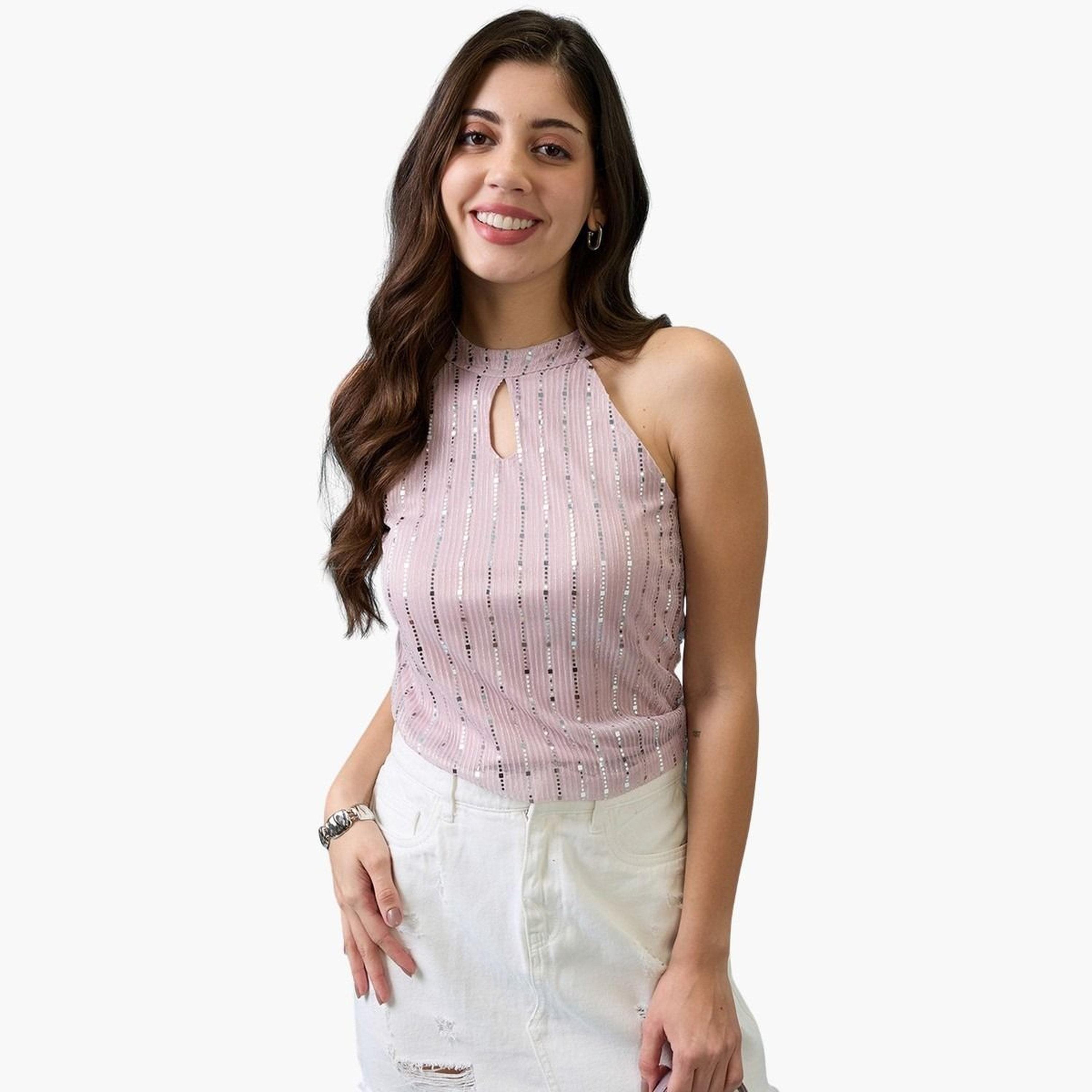 Globus X Styli Women Pink Keyhole Neck Sequined Top-women-clothing-tshirts-image-1
