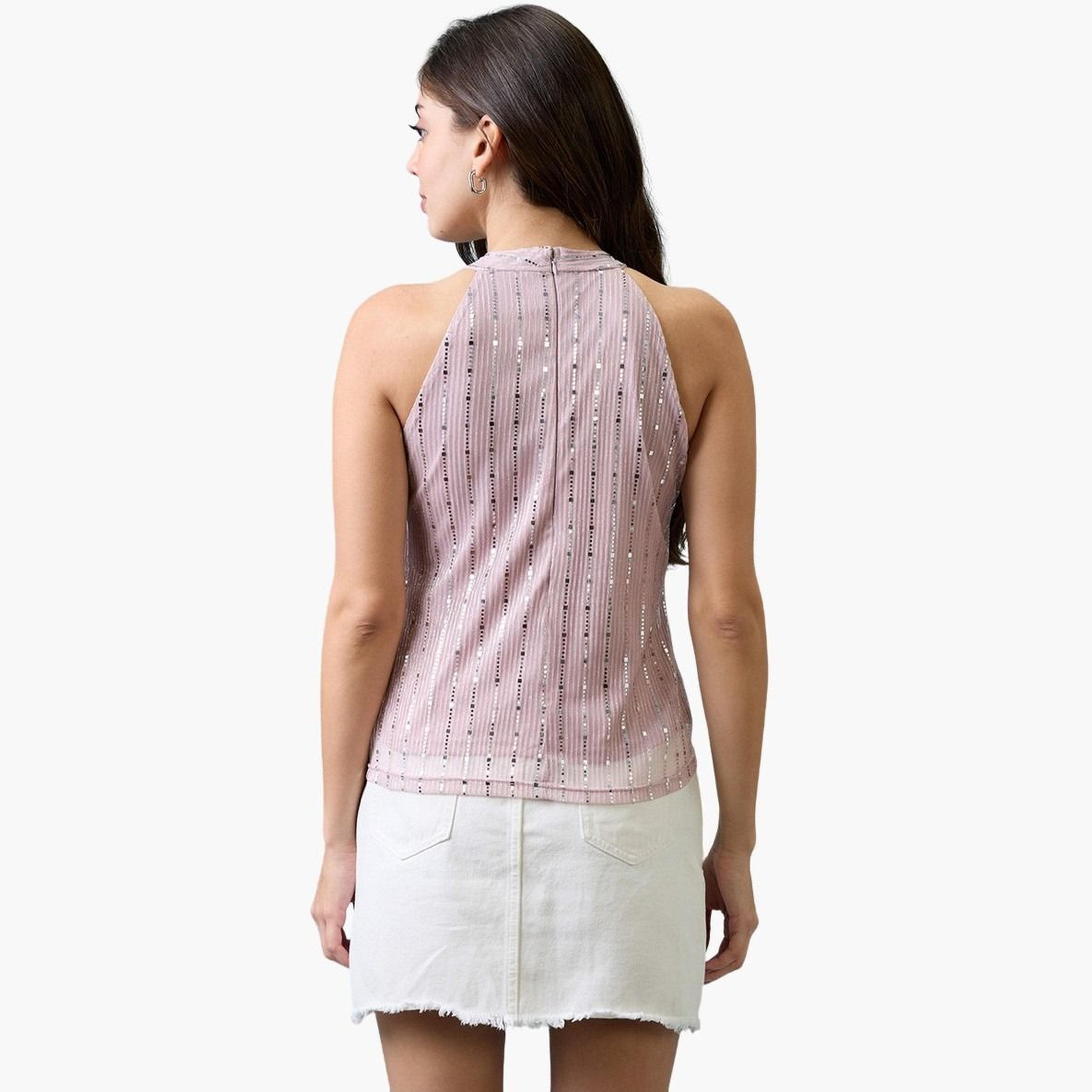 غلوبوس × ستايلي - بلوزة وردية اللون مزينة بالترتر وفتحة رقبة للنساء-women-clothing-tshirts-image-3