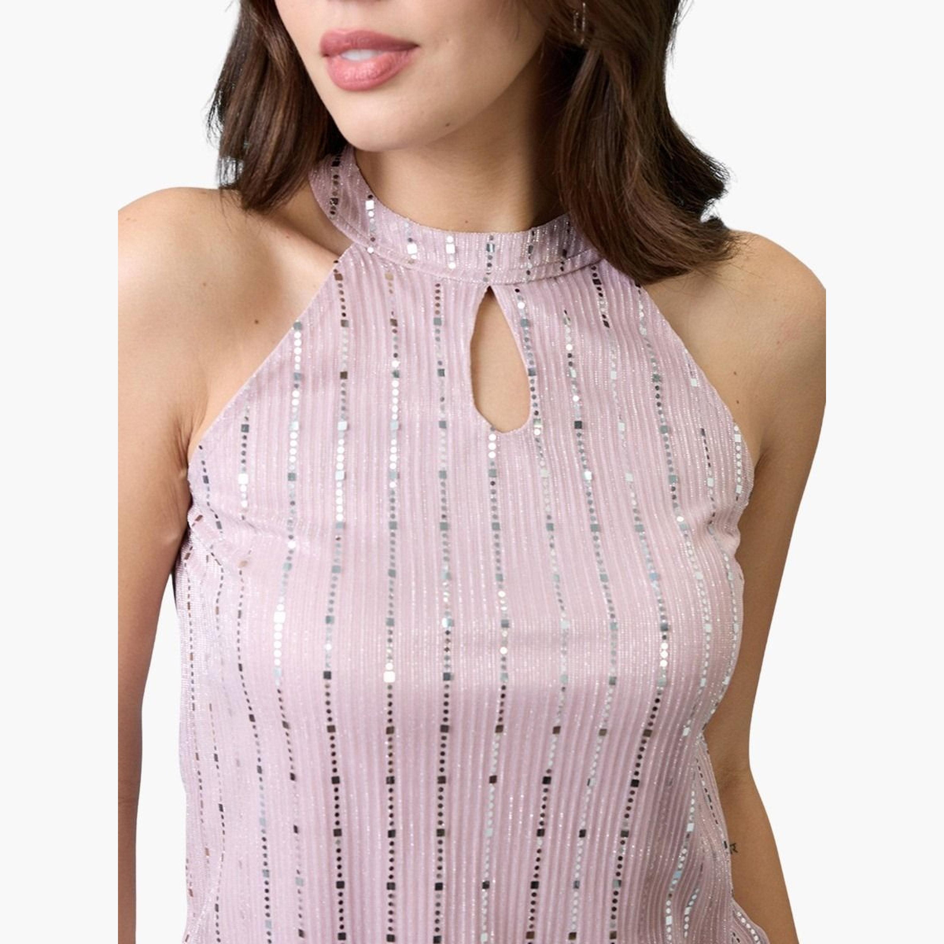 Globus X Styli Women Pink Keyhole Neck Sequined Top-women-clothing-tshirts-image-4
