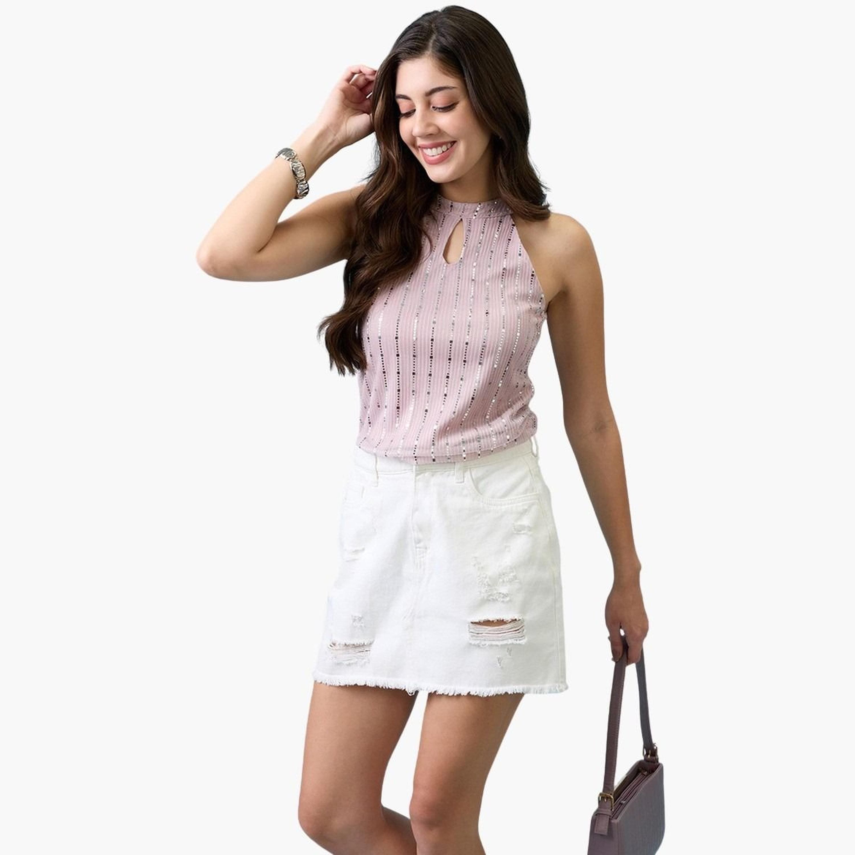 غلوبوس × ستايلي - بلوزة وردية اللون مزينة بالترتر وفتحة رقبة للنساء-women-clothing-tshirts-image-5