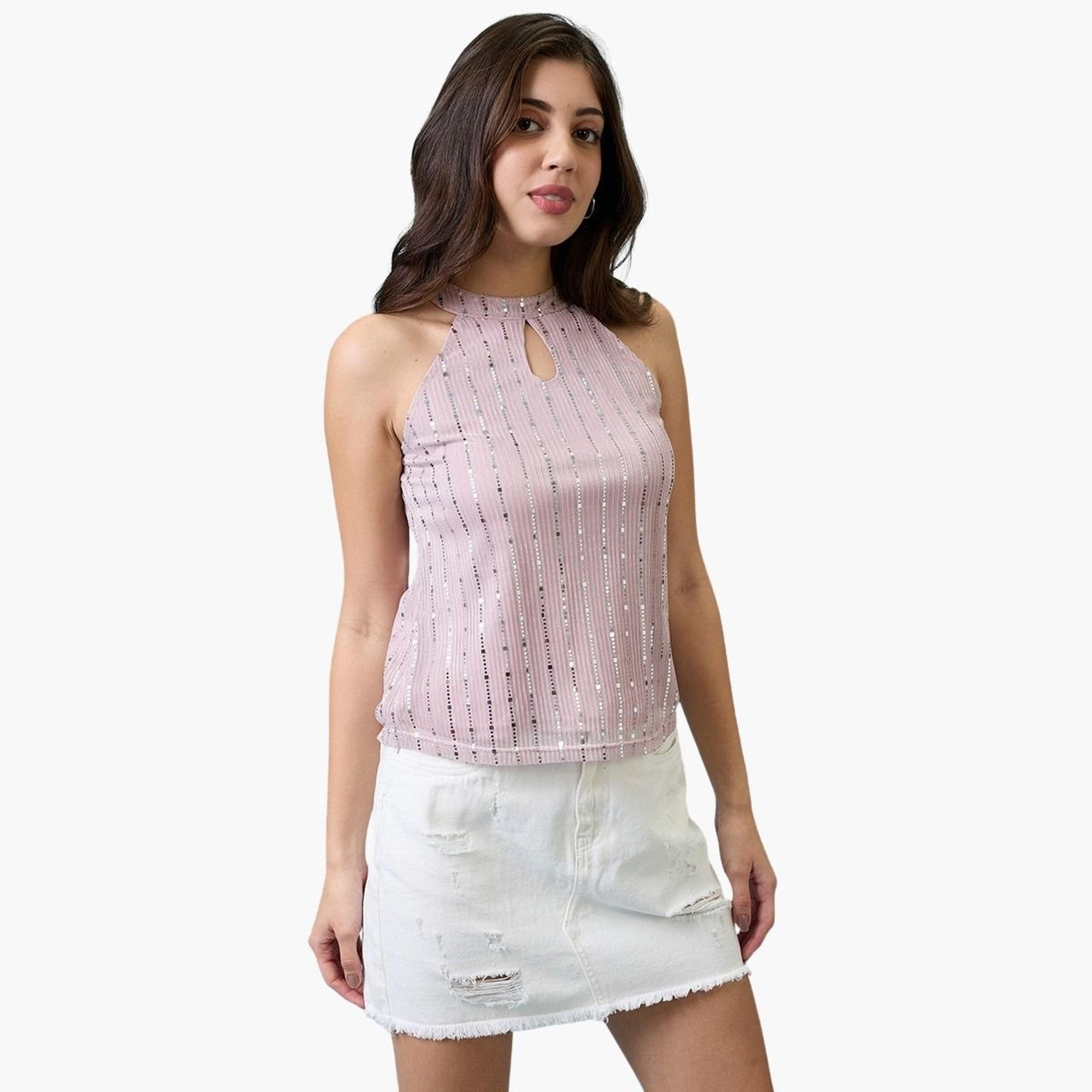 Globus X Styli Women Pink Keyhole Neck Sequined Top-women-clothing-tshirts-image-6