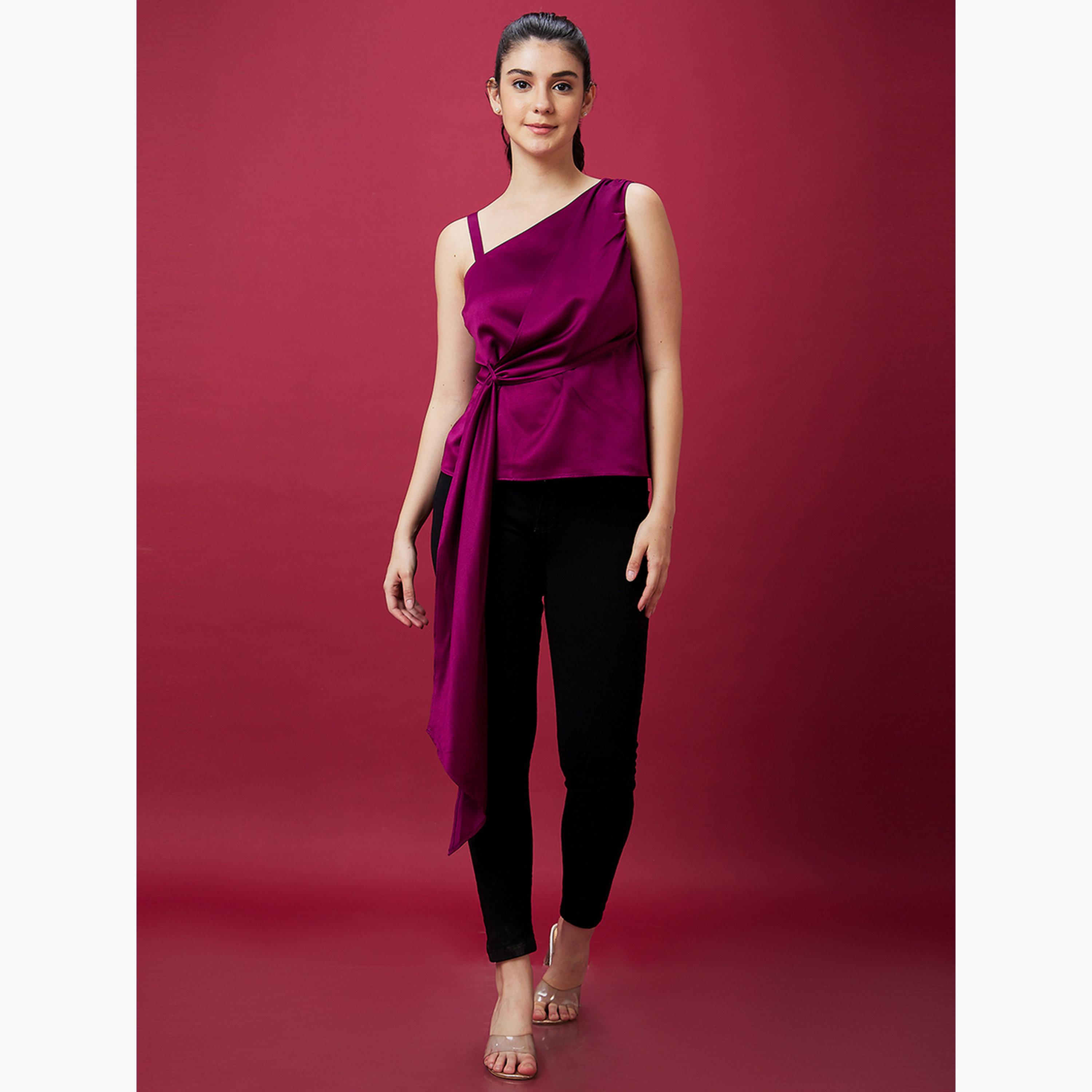 غلوبوص × ستايلي - بلوزة نسائية ذات أشرطة بلون النبيذ وكتف واحد-women-clothing-shirtsandblouses-blouses-image-2