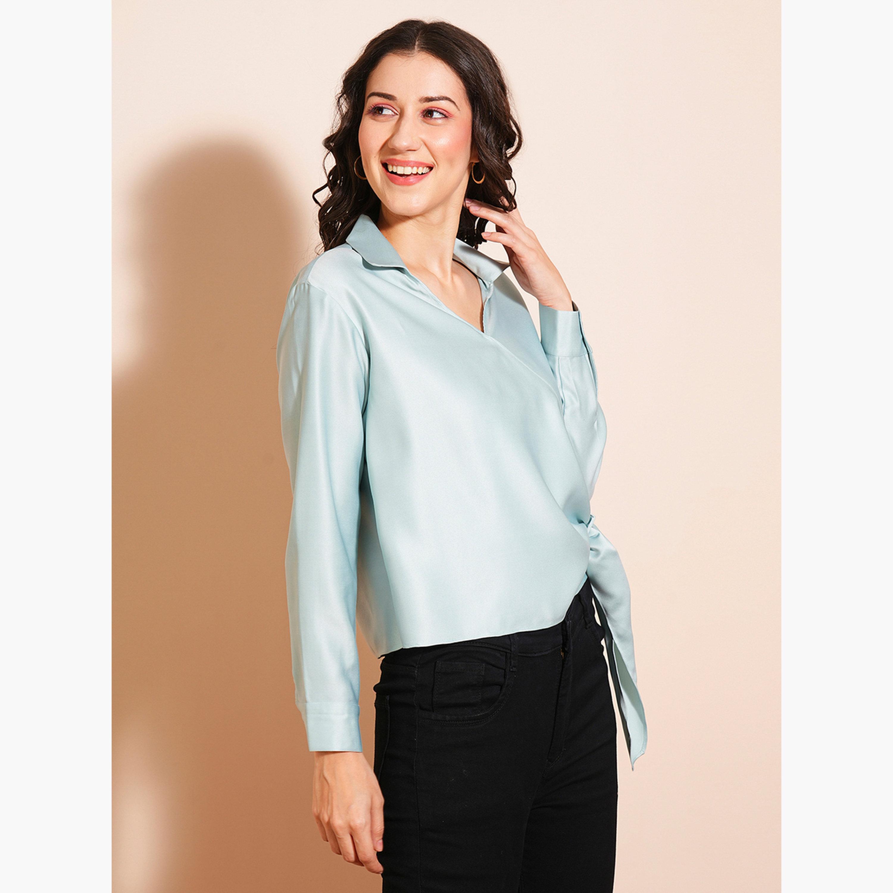 Globus X Styli Women Blue Shirt Collar Satin Wrap Top-women-clothing-shirtsandblouses-shirts-image-1