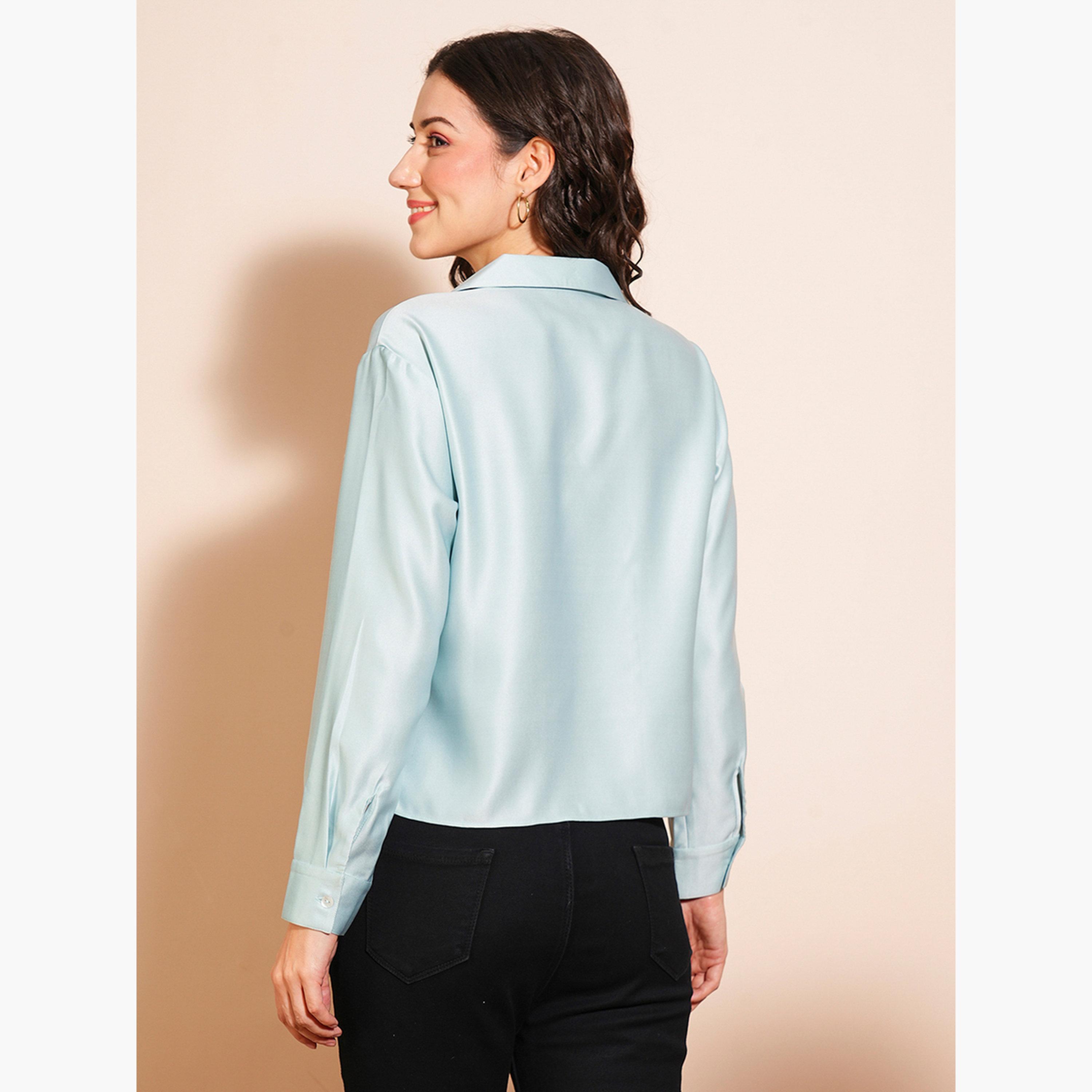 Globus X Styli Women Blue Shirt Collar Satin Wrap Top-women-clothing-shirtsandblouses-shirts-image-3