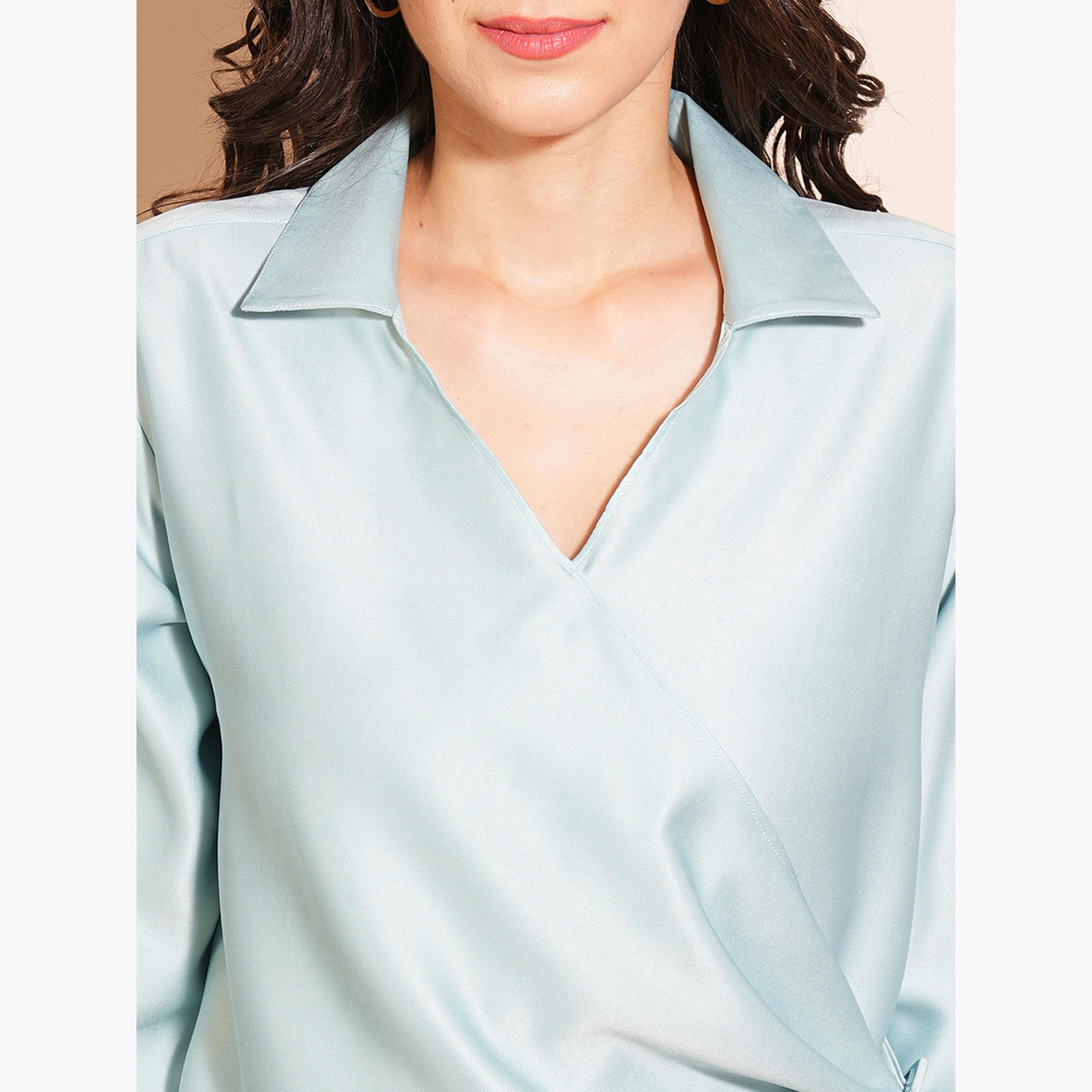 Globus X Styli Women Blue Shirt Collar Satin Wrap Top-women-clothing-shirtsandblouses-shirts-image-4