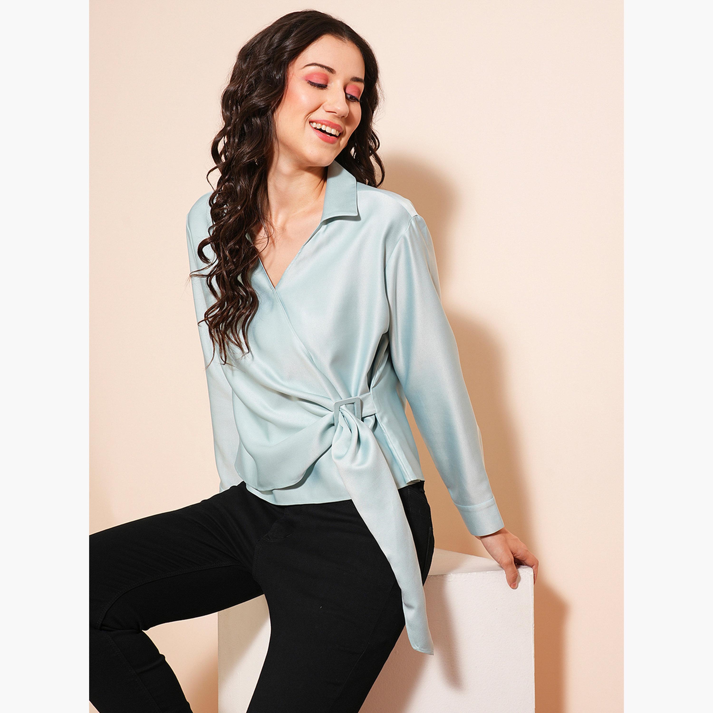 Globus X Styli Women Blue Shirt Collar Satin Wrap Top-women-clothing-shirtsandblouses-shirts-image-5