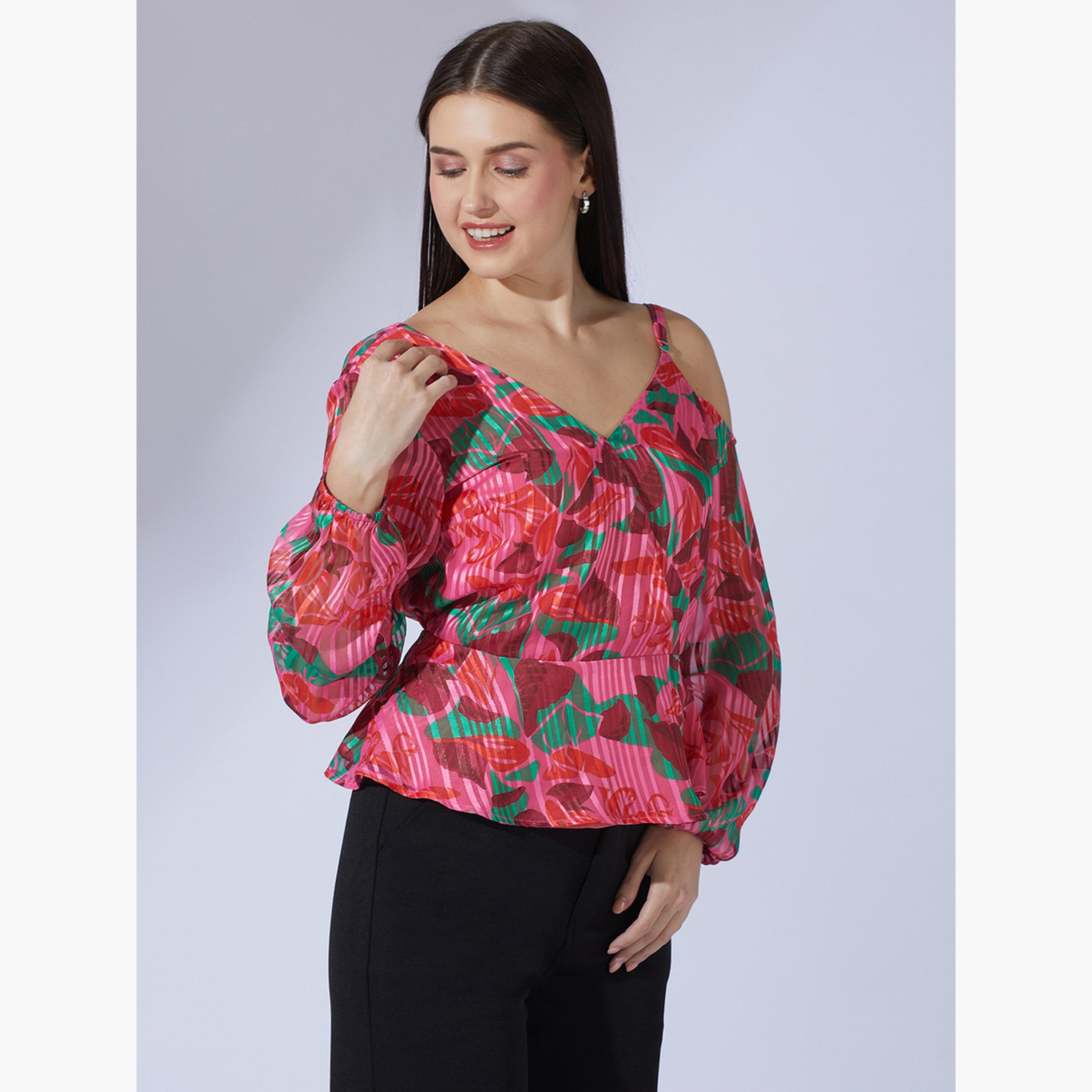 غلوبوص × ستايلي - بلوزة نسائية وردية اللون بكتف واحد مطبوعة تجريدية-women-clothing-shirtsandblouses-blouses-image-3
