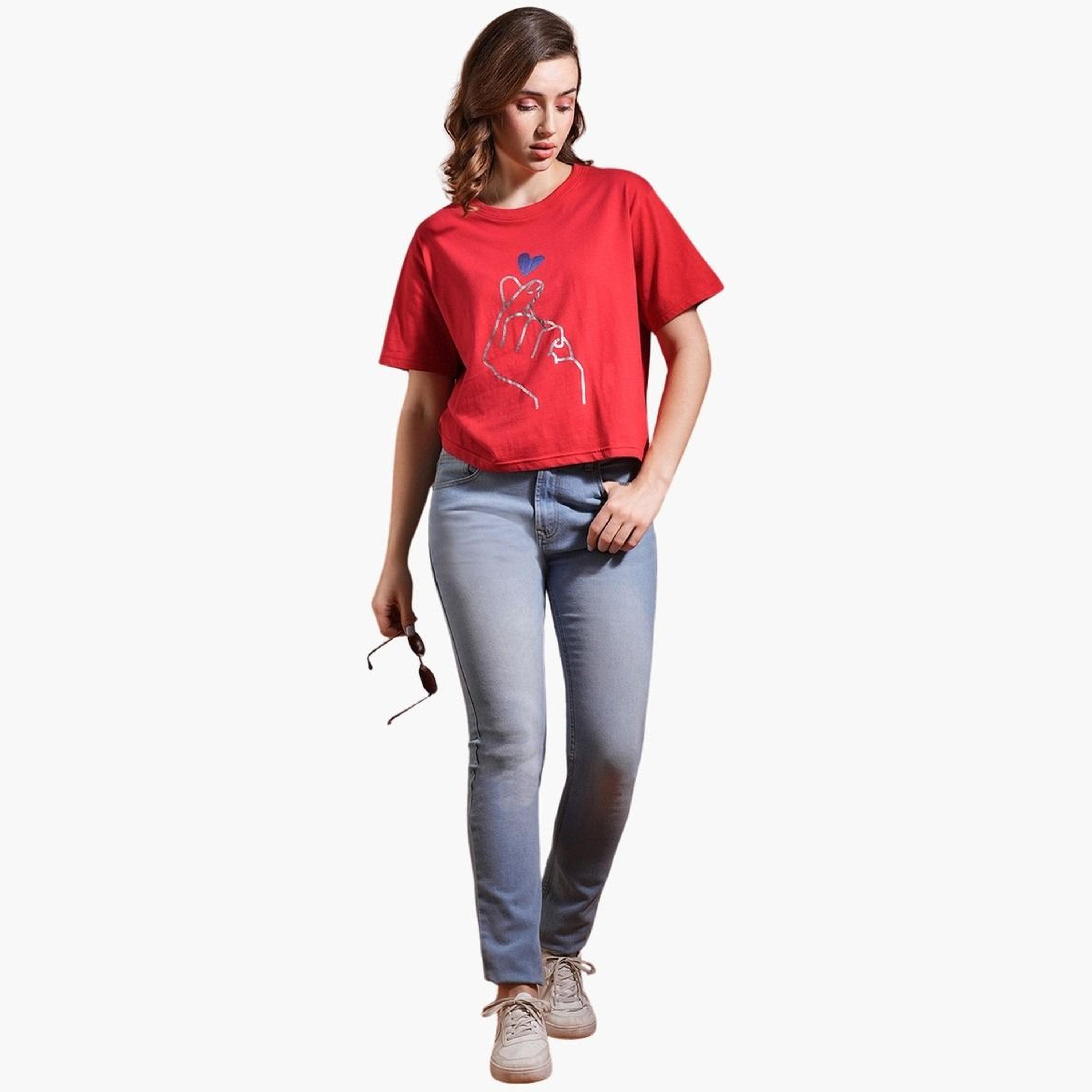 Globus X Styli Women Red Graphic Printed Oversized Crop T-Shirt-women-clothing-tshirts-image-2