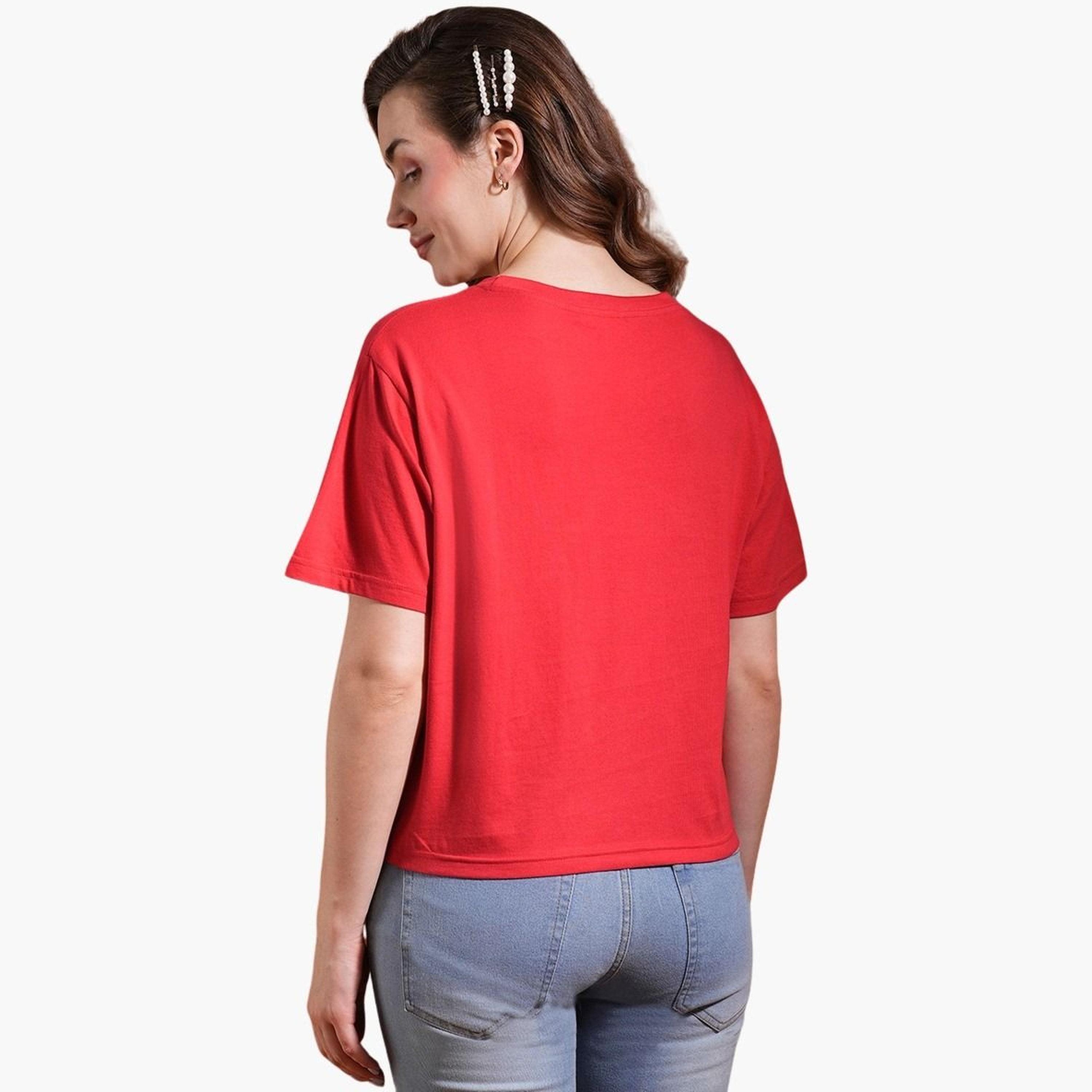 غلوبوس × ستايلي - تي شيرت قصير تصميم واسع مطبوع عليه رسومات باللون الأحمر للنساء-women-clothing-tshirts-image-3