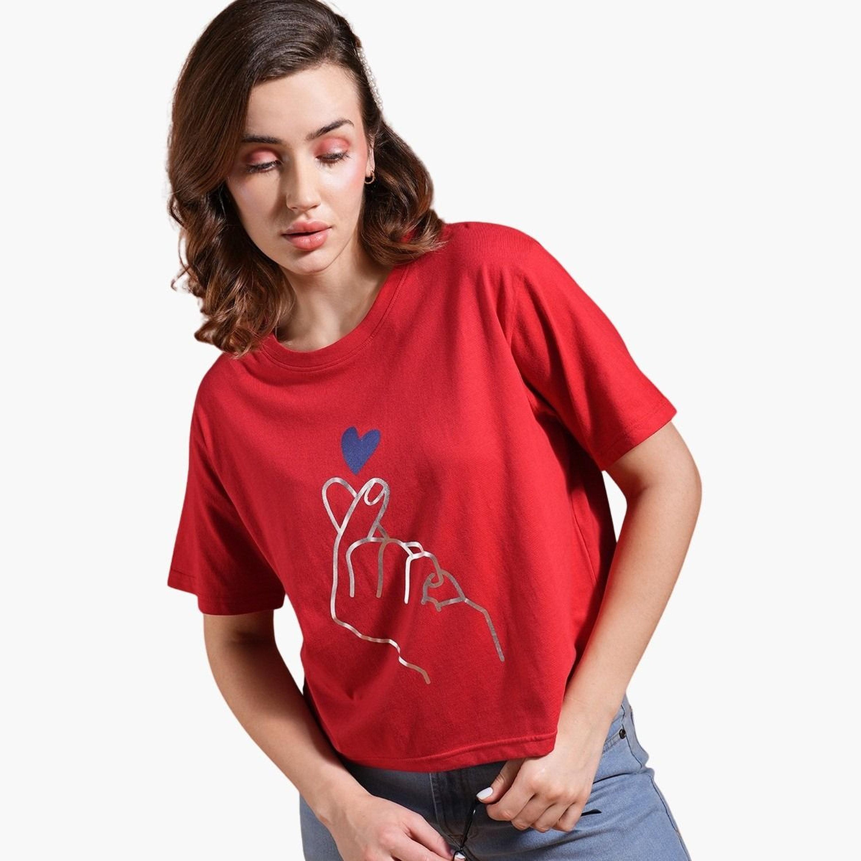 Globus X Styli Women Red Graphic Printed Oversized Crop T-Shirt-women-clothing-tshirts-image-5