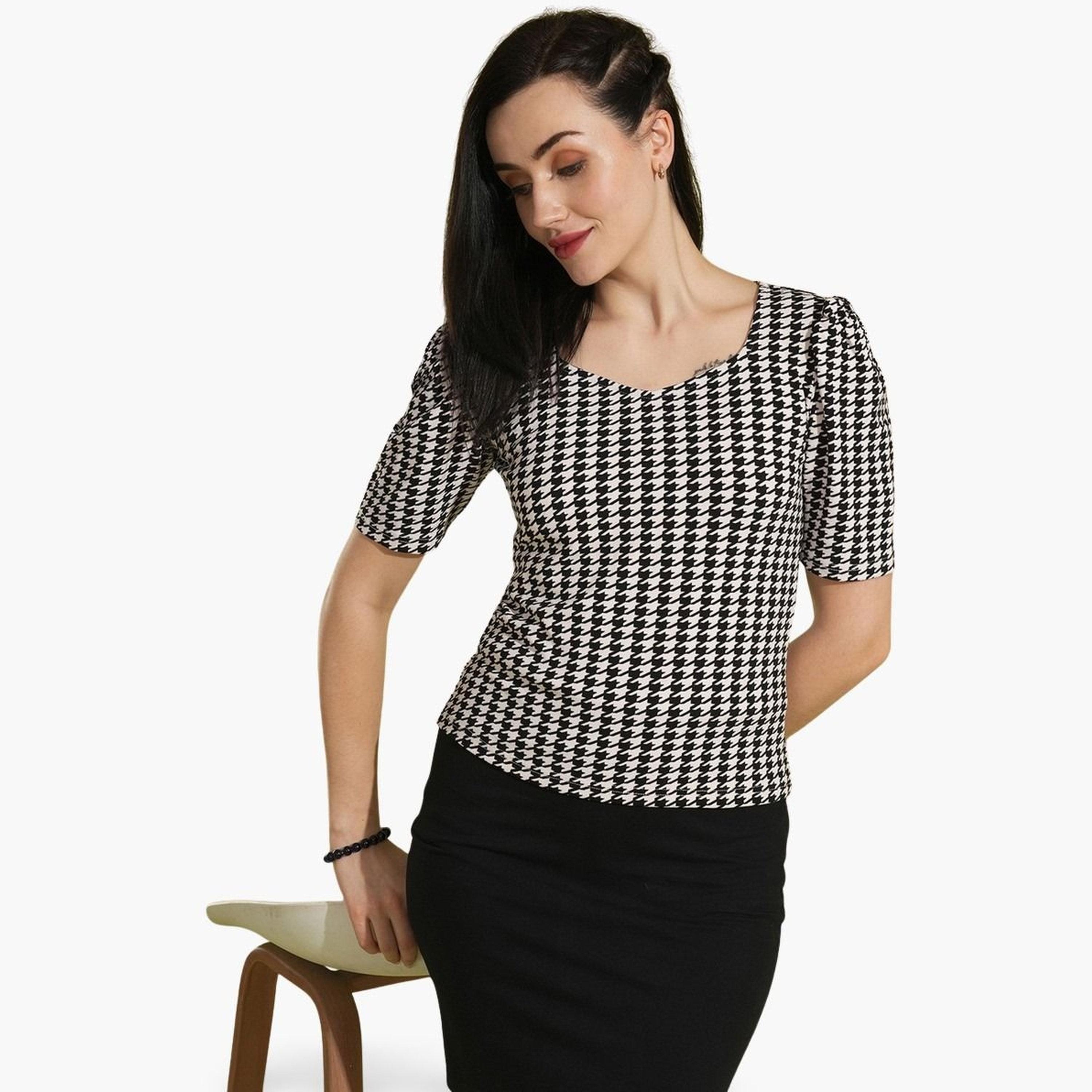 Globus X Styli Black Houndstooth Print Sweetheart Neck Top-women-clothing-tshirts-image-1