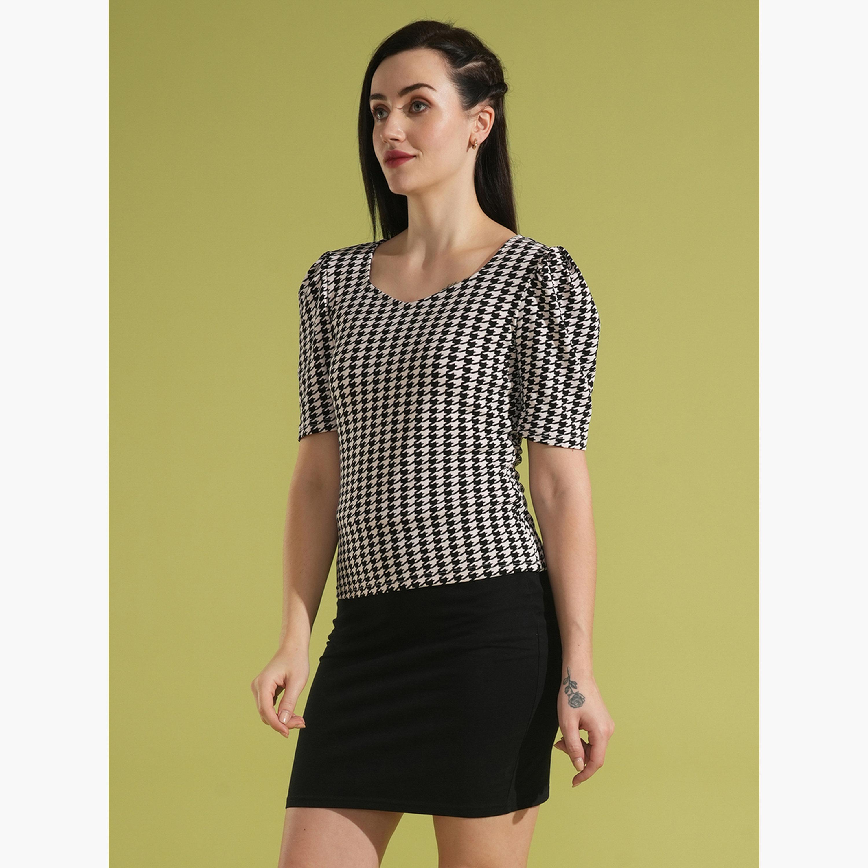 Globus X Styli Black Houndstooth Print Sweetheart Neck Top-women-clothing-tshirts-image-4