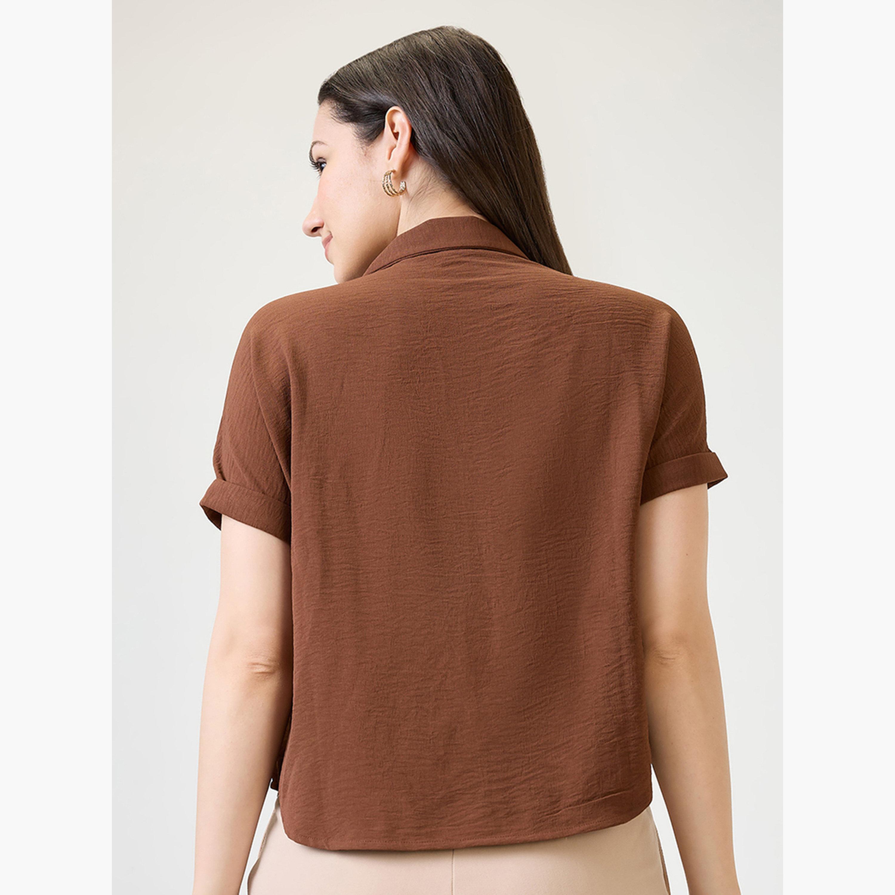 غلوبوص × ستايلي - بلوزة بنية بأكمام قصيرة-women-clothing-shirtsandblouses-blouses-image-3