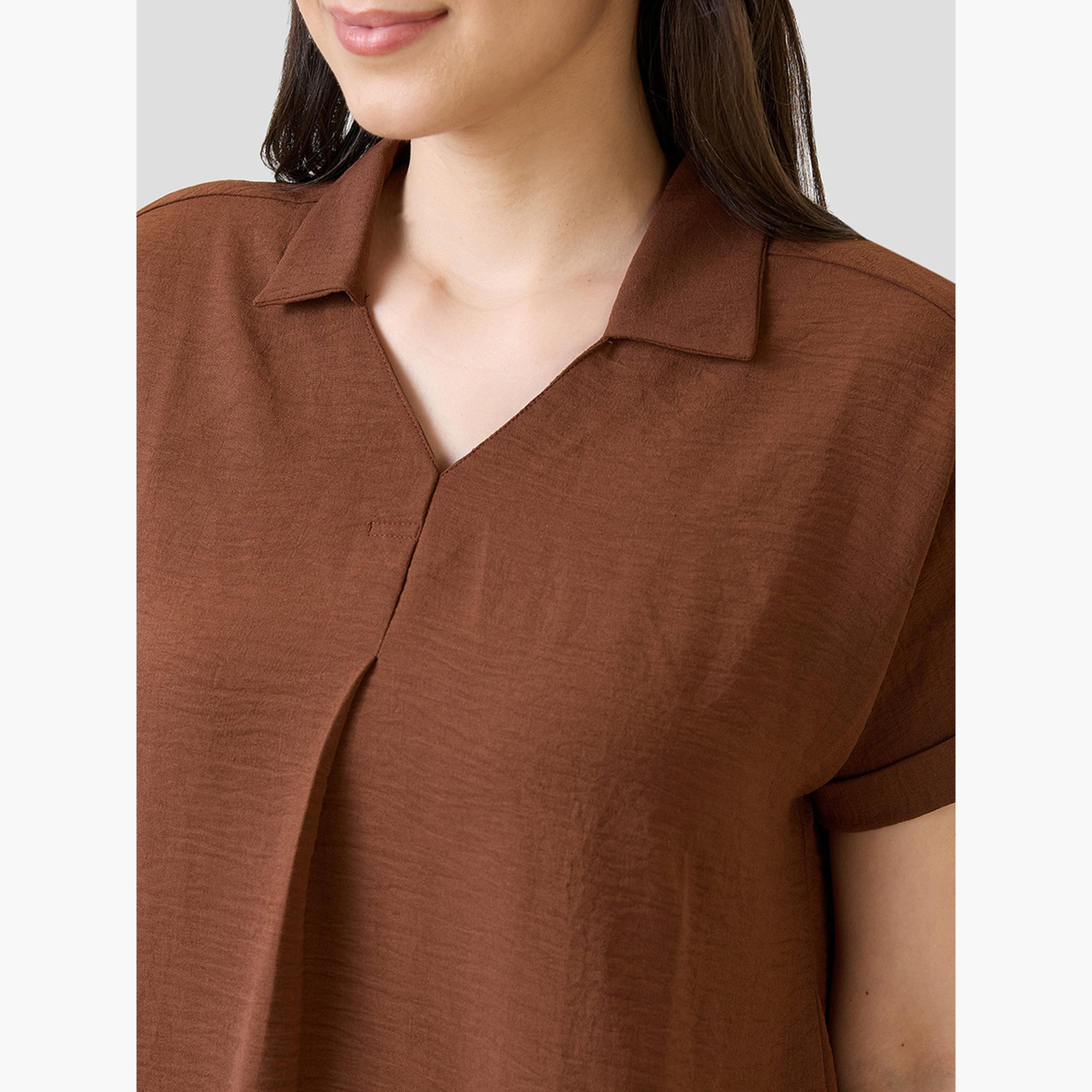 غلوبوص × ستايلي - بلوزة بنية بأكمام قصيرة-women-clothing-shirtsandblouses-blouses-image-5