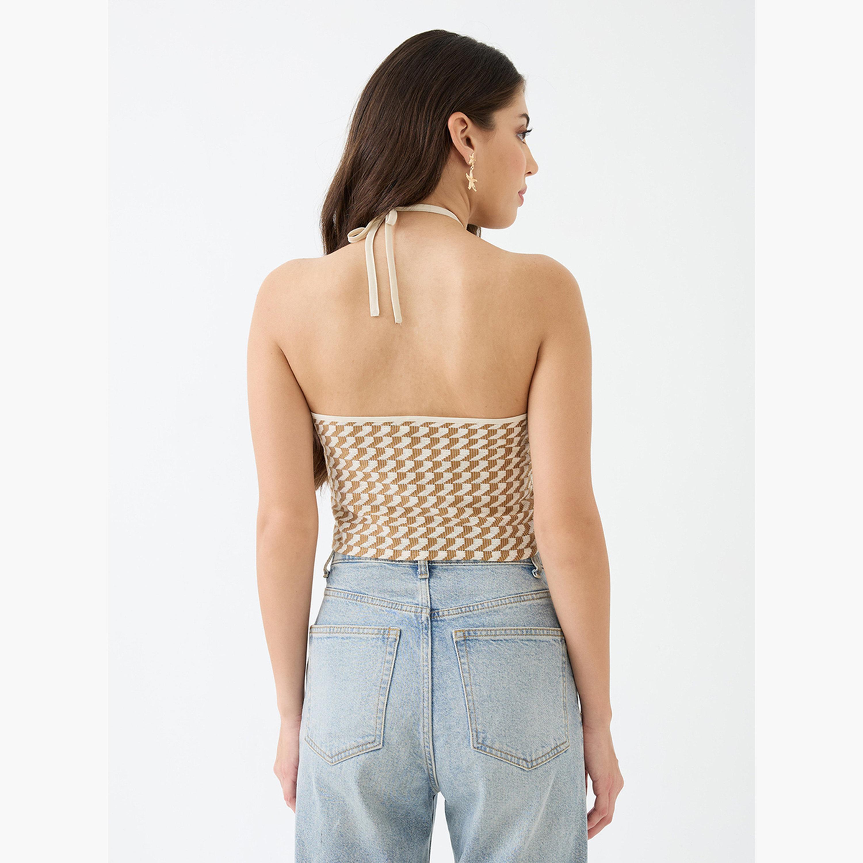 Globus X Styli Women Brown Halter Neck Crochet Crop Top-women-clothing-tshirts-image-3