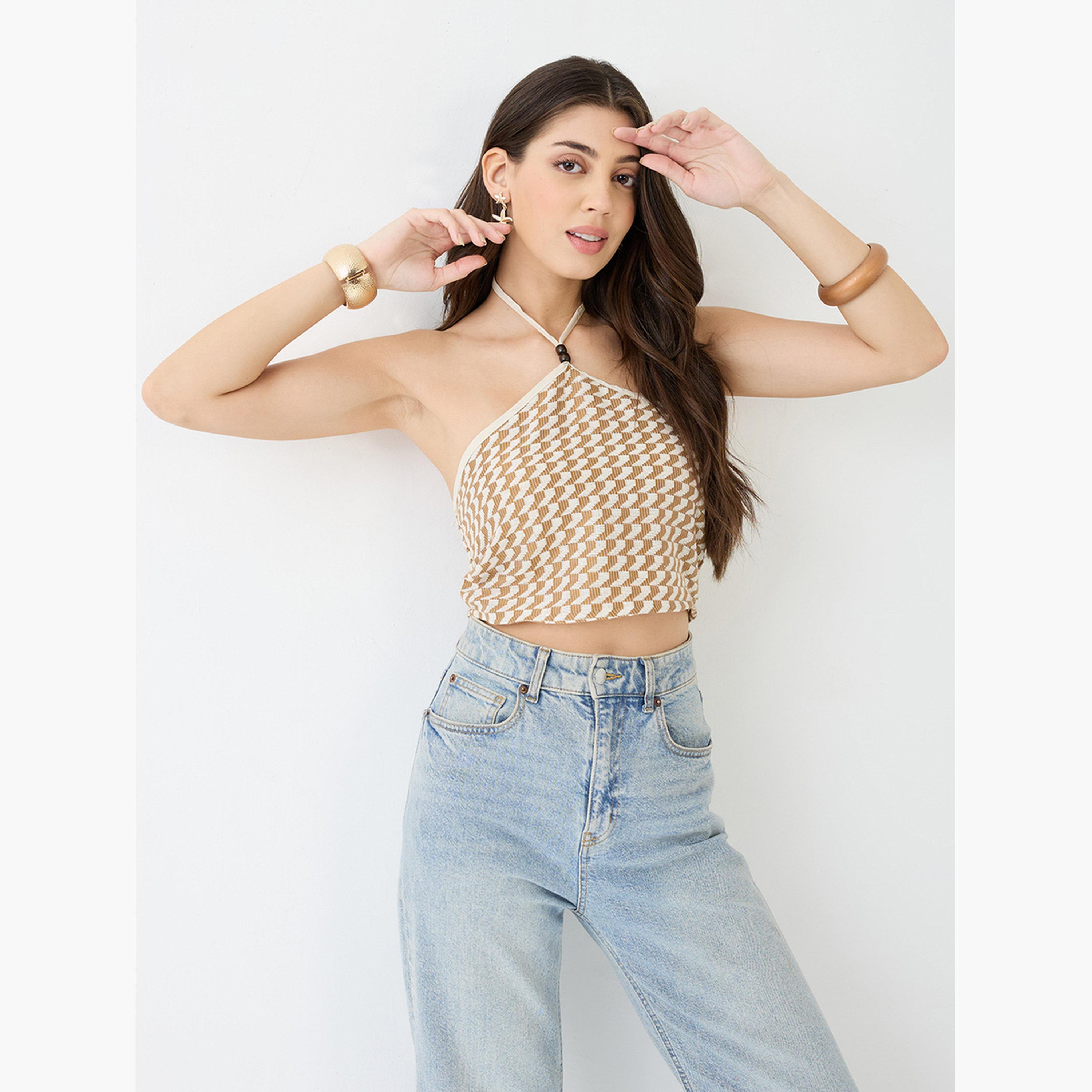 غلوبوس × ستايلي - بلوزة كروشيه قصيرة باللون البني بفتحة رقبة ياقة تعلق للنساء-women-clothing-tshirts-image-5