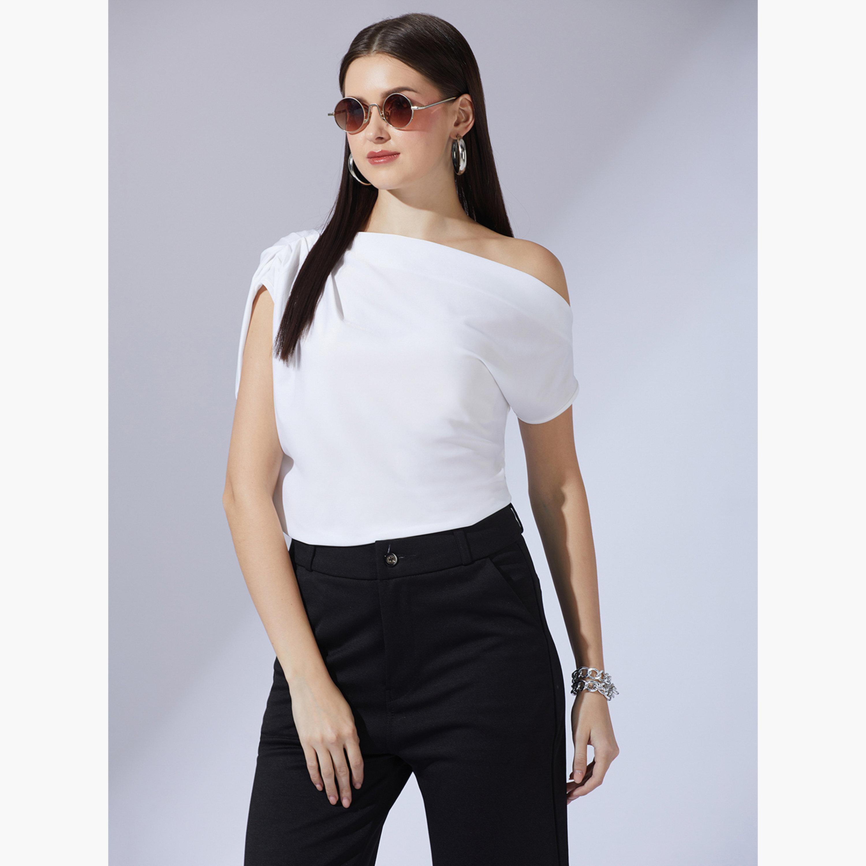 غلوبوس × ستايلي - بلوزة بيضاء بدون أكمام بكتف واحد للنساء-women-clothing-tshirts-image-1